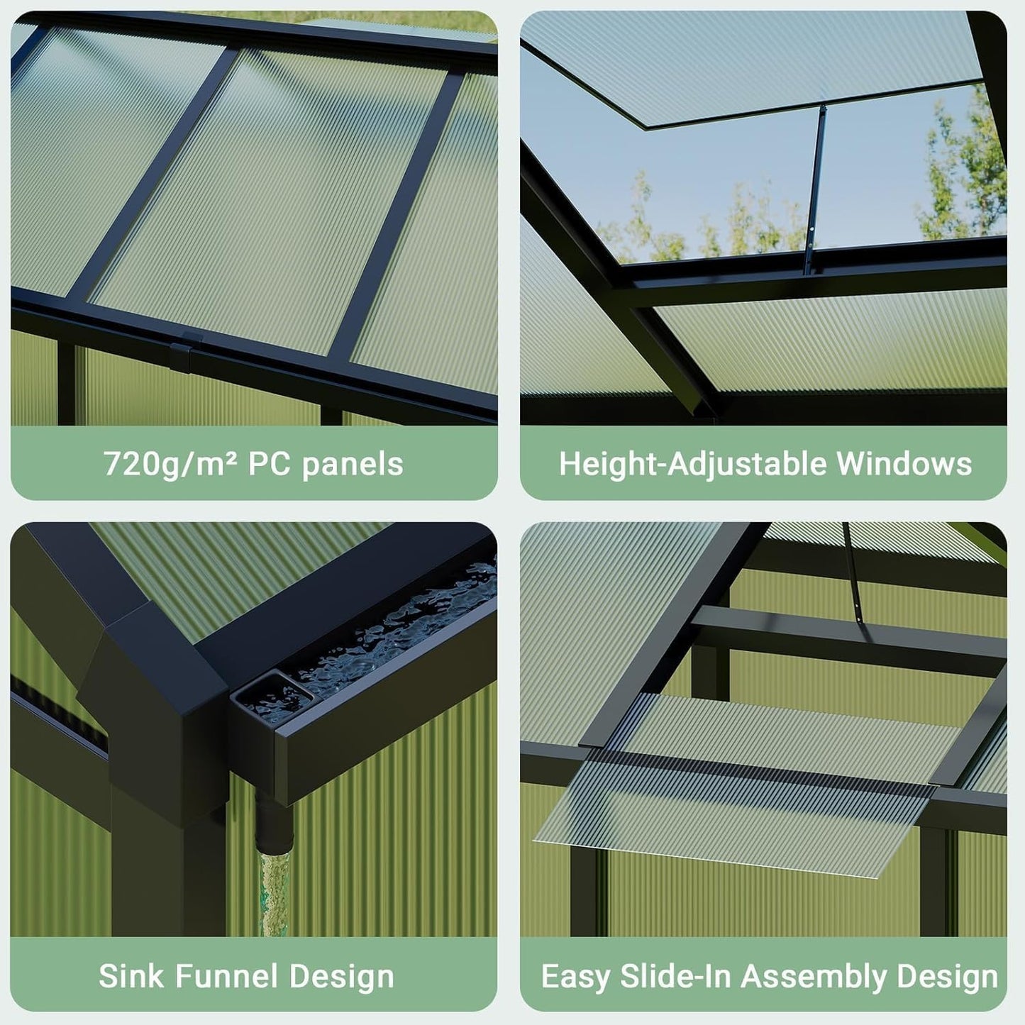 Greenhouse, 6x8 Ft Outdoor Greenhouses with Roof Vents and Sliding Doors, Aluminum Frame Polycarbonate Accessible Greenhouses, Suitable for Outdoor Gardens and Backyards, Black