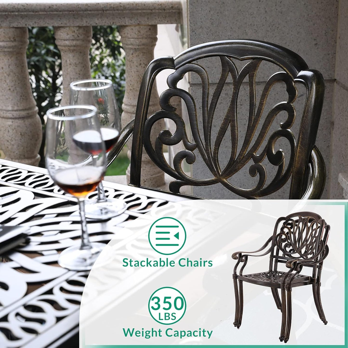 VIVIJASON 3-Piece Patio Furniture Dining Set, All-Weather Cast Aluminum Outdoor Bistro Set, Include 2 Chairs, 2 Cushions and 31" Round Table w/Umbrella Hole for Balcony, Lawn, Garden, Backyard