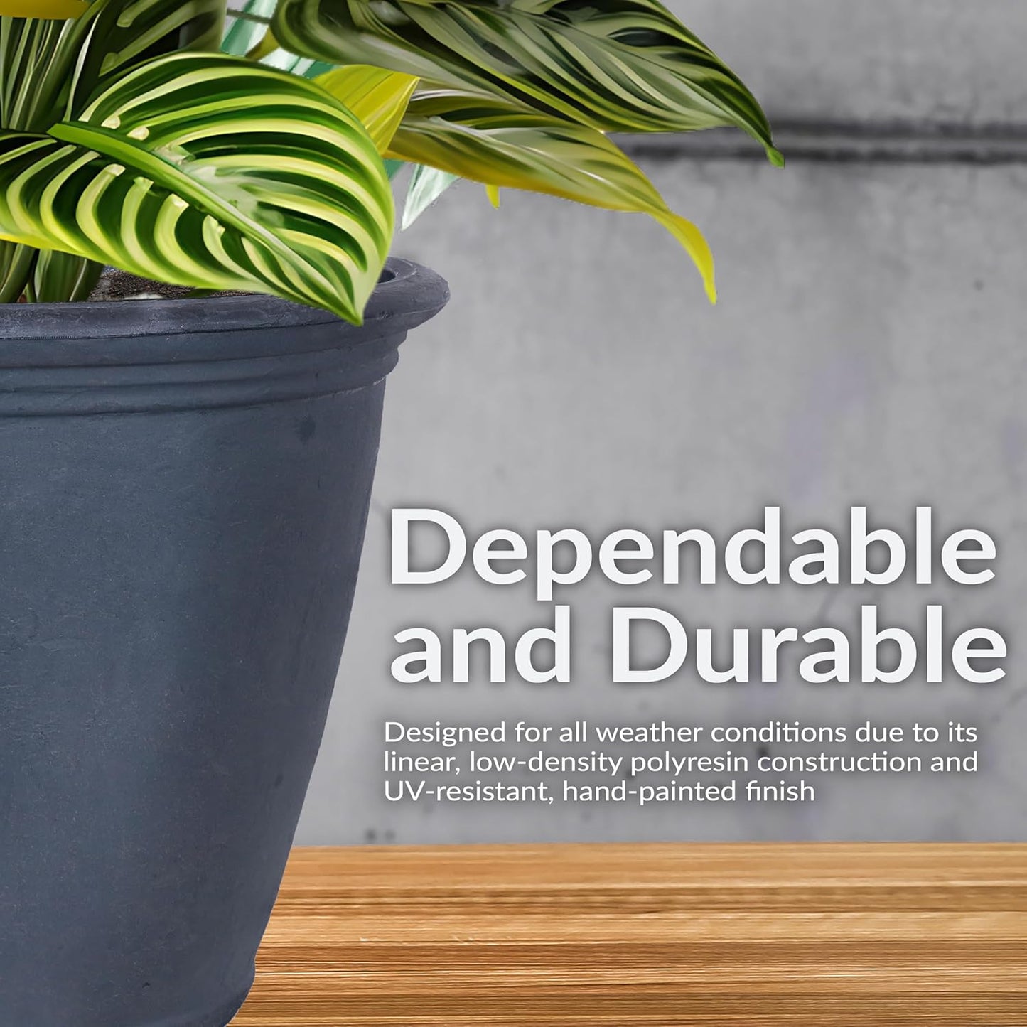 Sunnydaze 24-Inch Anjelica Large Plastic Pot for Plants - Outdoor Polyresin Round Planter with Drillable Drainage Holes - Slate