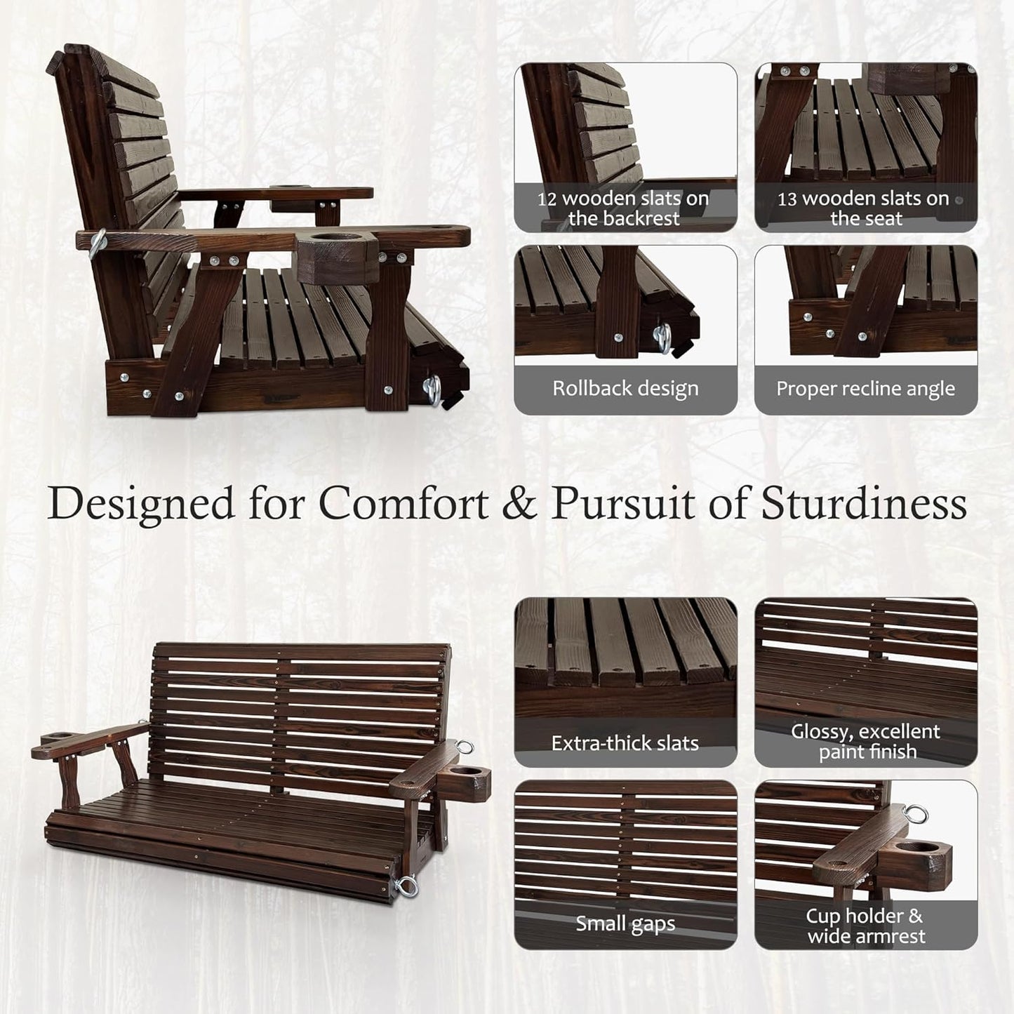 Wooden Porch Swing 2-Seater, High Backrest and Deep Seat, Bench Swing with Cupholders, Hanging Chains and 7mm Springs, Heavy Duty 880 LBS, for Outdoor Patio Garden (Deep Brown, 4 FT Extra Large)