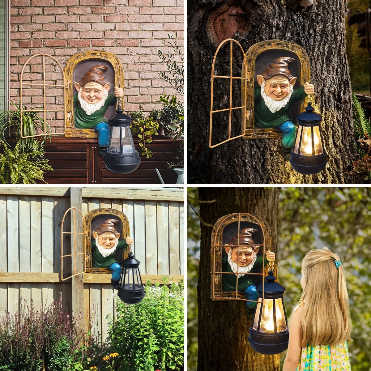 Whimsical Fairy Garden Gnomes with Solar Lights-10 Elf Out The Door Tree Hugger Garden Statues-Outdoor&Yard Decor-Tree Face Sculpture,Ideal for Patio,Wall,Yard