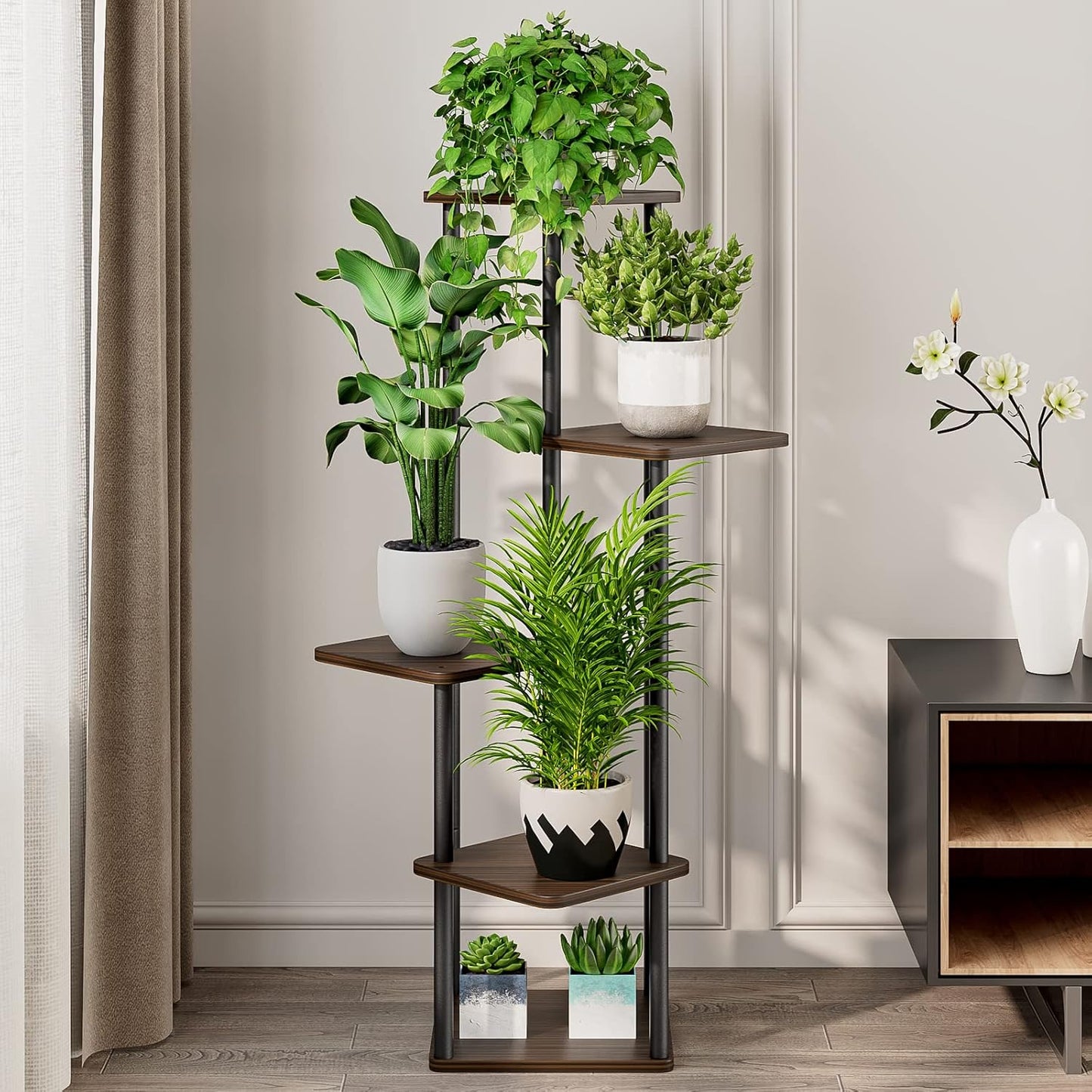 AZERPIAN Plant Stand 5 Tier Indoor Metal Flower Shelf for Multiple Plants Corner Tall Flower Holders for Patio Garden Living Room Balcony Bedroom, Black Oak (5 Tier-Black Oak)