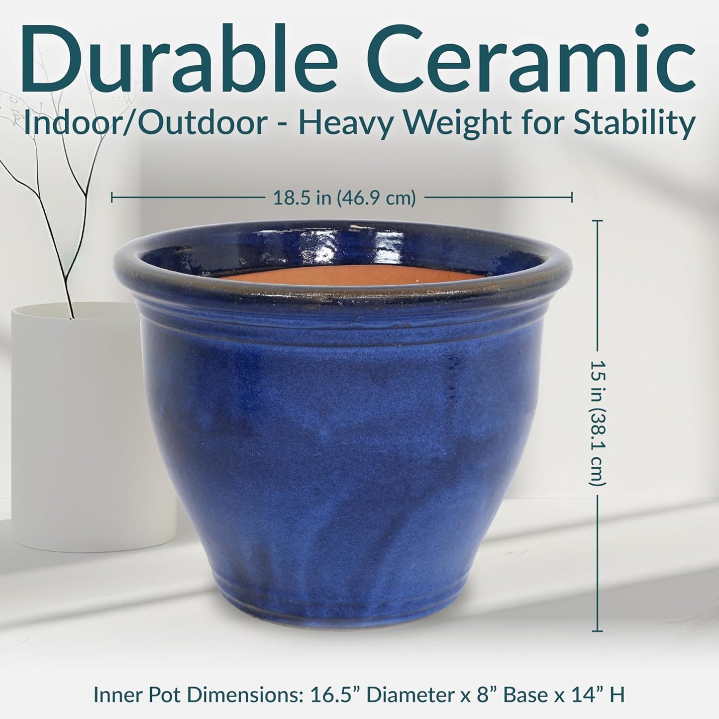 Sunnydaze 18.5" Large Ceramic Plant Pot - Round Outdoor Glazed Ceramic Planter Pot with Drainage - Imperial Blue - Studio