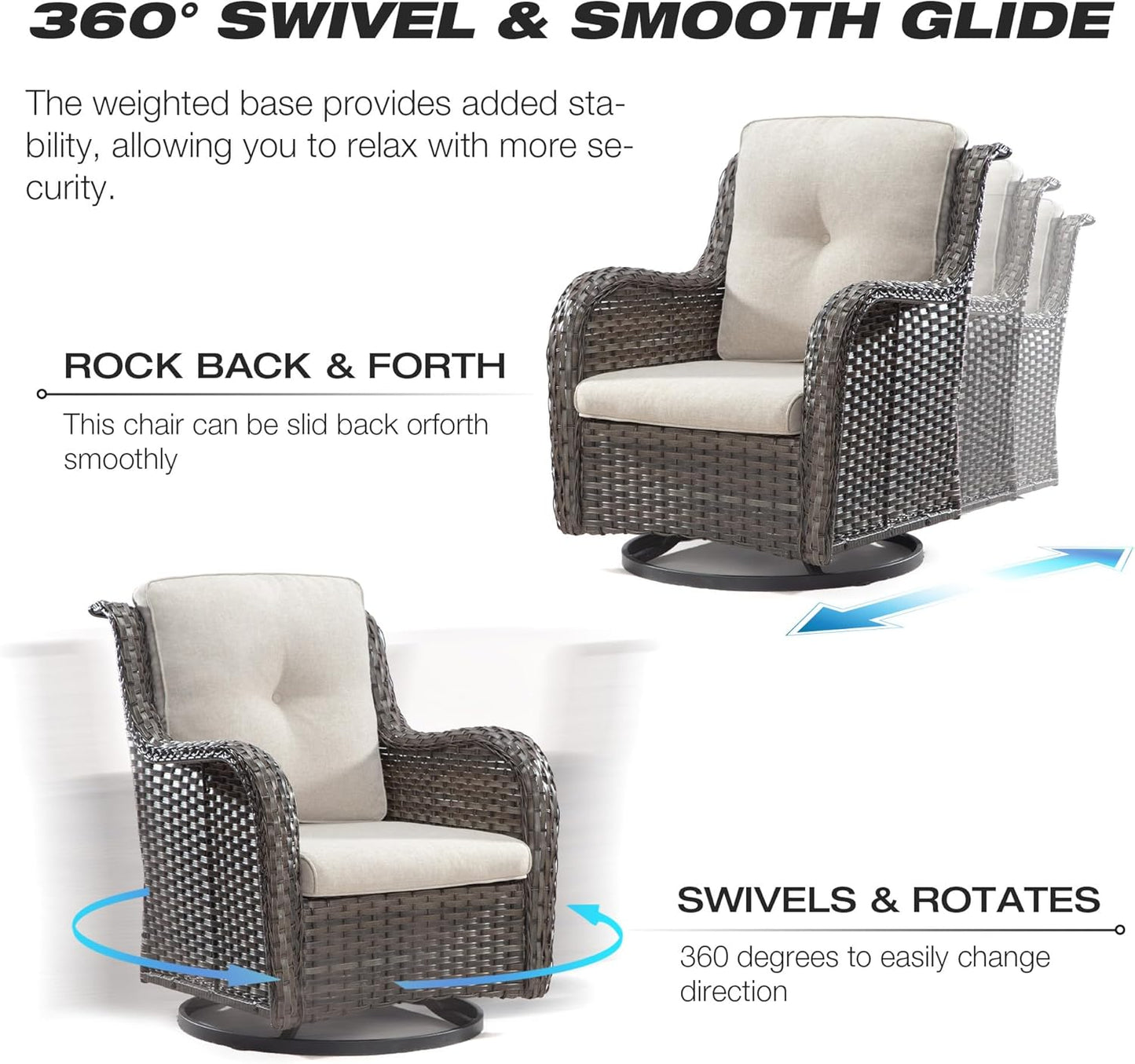 Joyside Wicker Patio Furniture Sets 8 Piece Set with 3-Seat Sofa, 2 Swivel Rocking Armchairs, 2 Armchairs, 2 Ottoman and 1 Side Table Wicker Outdoor Furniture Sectional Conversation Set, Beige