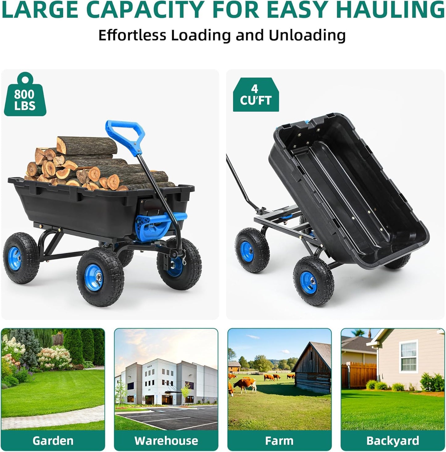 800lb Garden Dump Cart, Heavy Duty Wheelbarrow Dump Wagon with 4 Wheels&Quick-Release Dumping, Utility Wagon Carts for Yard, Farm and Garden(Blue)