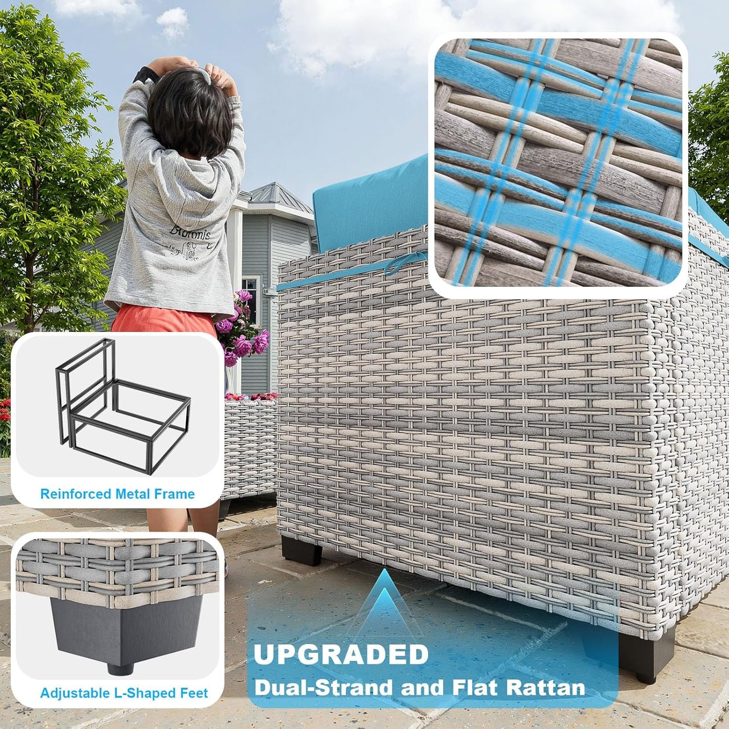 17-Piece Patio Furniture Set, Outdoor Patio Furniture with Swivel Chairs Set, Thick Cushions, Modular Patio Sofa, Dual-Strand Wicker Rattan, Rust-Resistant Frame, Lake Blue