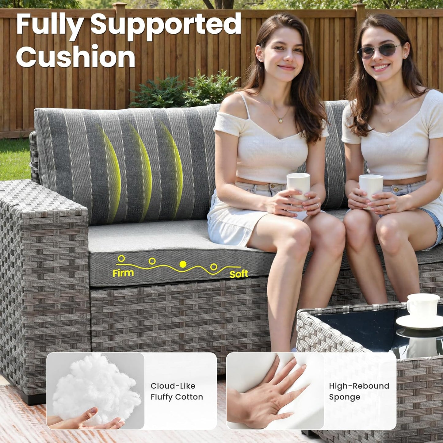 ovios 7 Pieces Patio Furniture Set, Outdoor Wicker Sectional Sofa with 42 Inch Fire Pit Table Comfy Cushions, Modern Modular Deep Seat Rattan Couch Conversation Set, Dark Gray Stripe