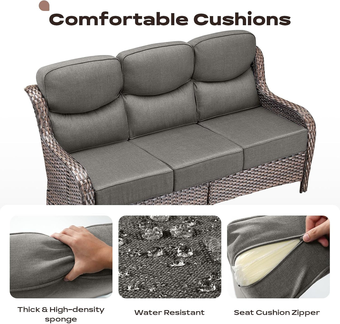 Wicker Outdoor Patio Furniture Set - 5 Piece Patio Conversation Sets with Swivel Rocker Chairs, Ottomans and Sofa, 6 inch Cushions, Waterproof Wicker, for Porch Deck Brown/Grey