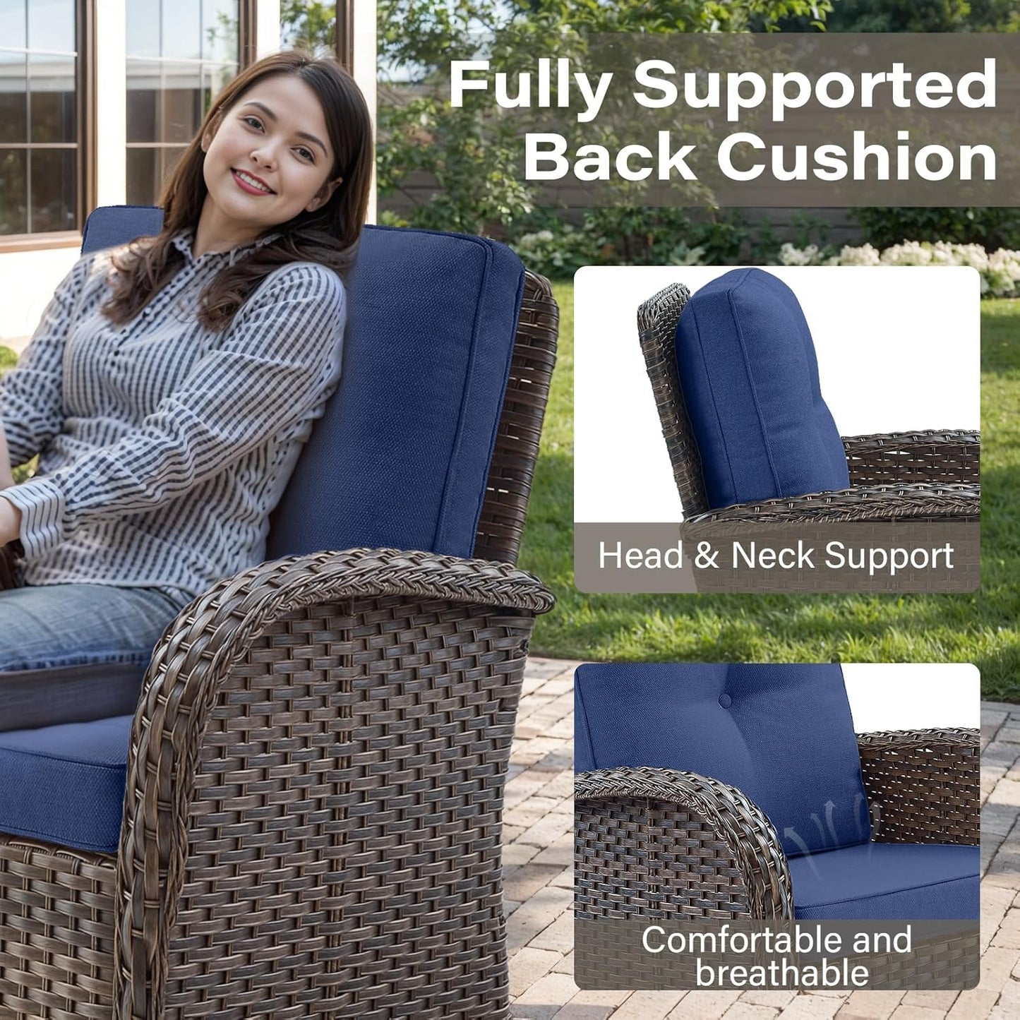 Grand 13 Pieces Outdoor Patio Furniture Set with 4 Swivel Glider Chairs and 50000 BTU Propane Fire Pit Table, Patio Conversation Set with Sofa and Wicker Side Table for Big Garden Backyard
