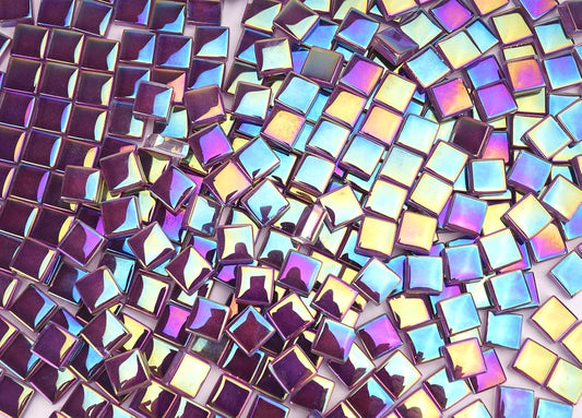 300G Iridescent Mosaic Tiles for Crafts, 335pcs Small Purple Crystal Glass Tiles for Mosaic Making Projects, 3/8" Square Stained Glass Mosaic Pieces for DIY Mosaic Work, Tiles for Glass Art