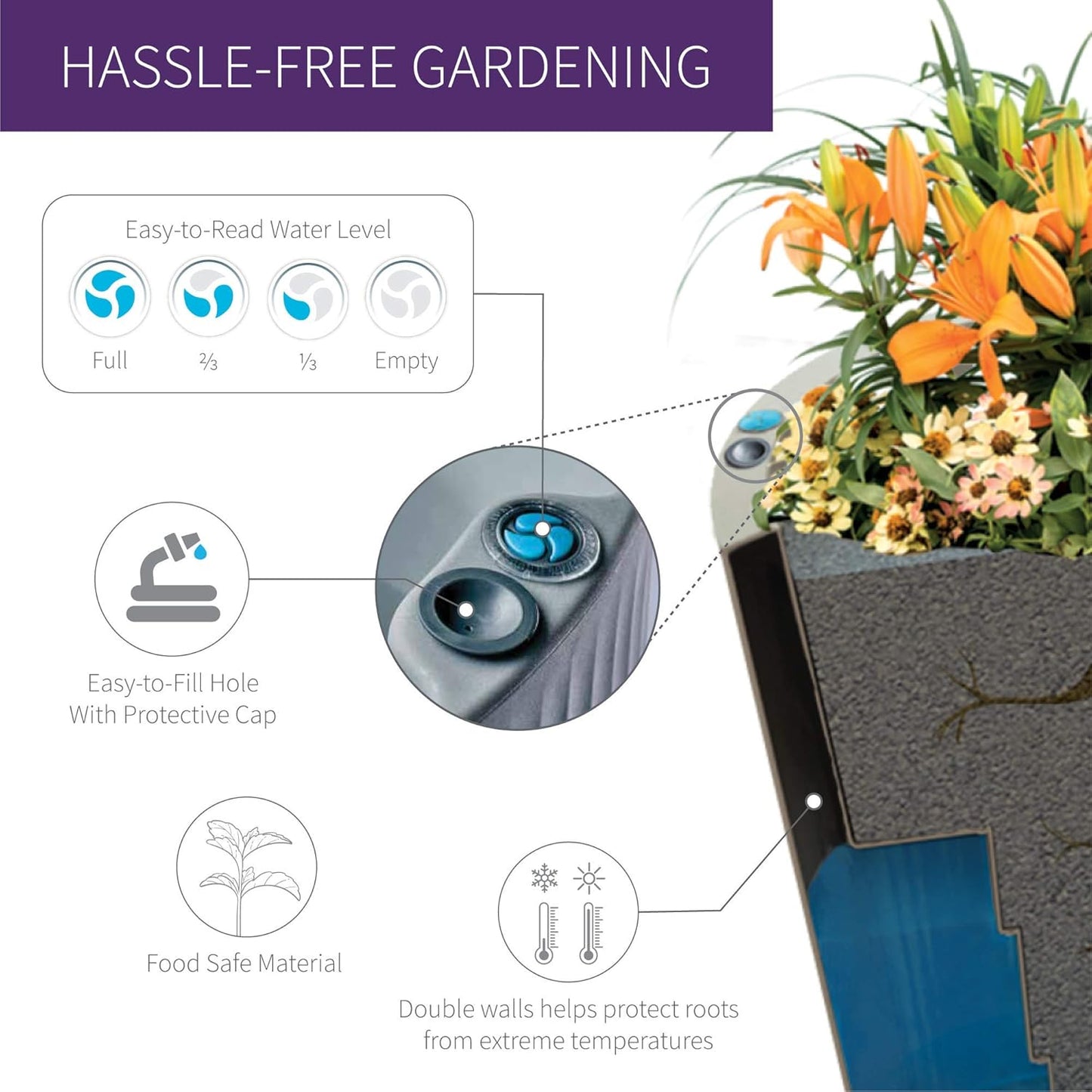 Crescent Garden Dot TruDrop Indoor/Outdoor Planter, Self-Watering Plant Pot, 16 Inches, (Slate)