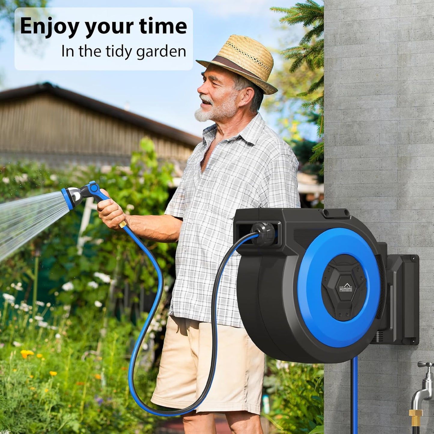 Retractable Garden Hose Reel, 1/2" x 131FT Heavy Duty Automatic Retractable Hose Reel Wall Mount, with 10- Function Sprayer Nozzle, Any Length Lock/Auto Rewind/180°Swivel