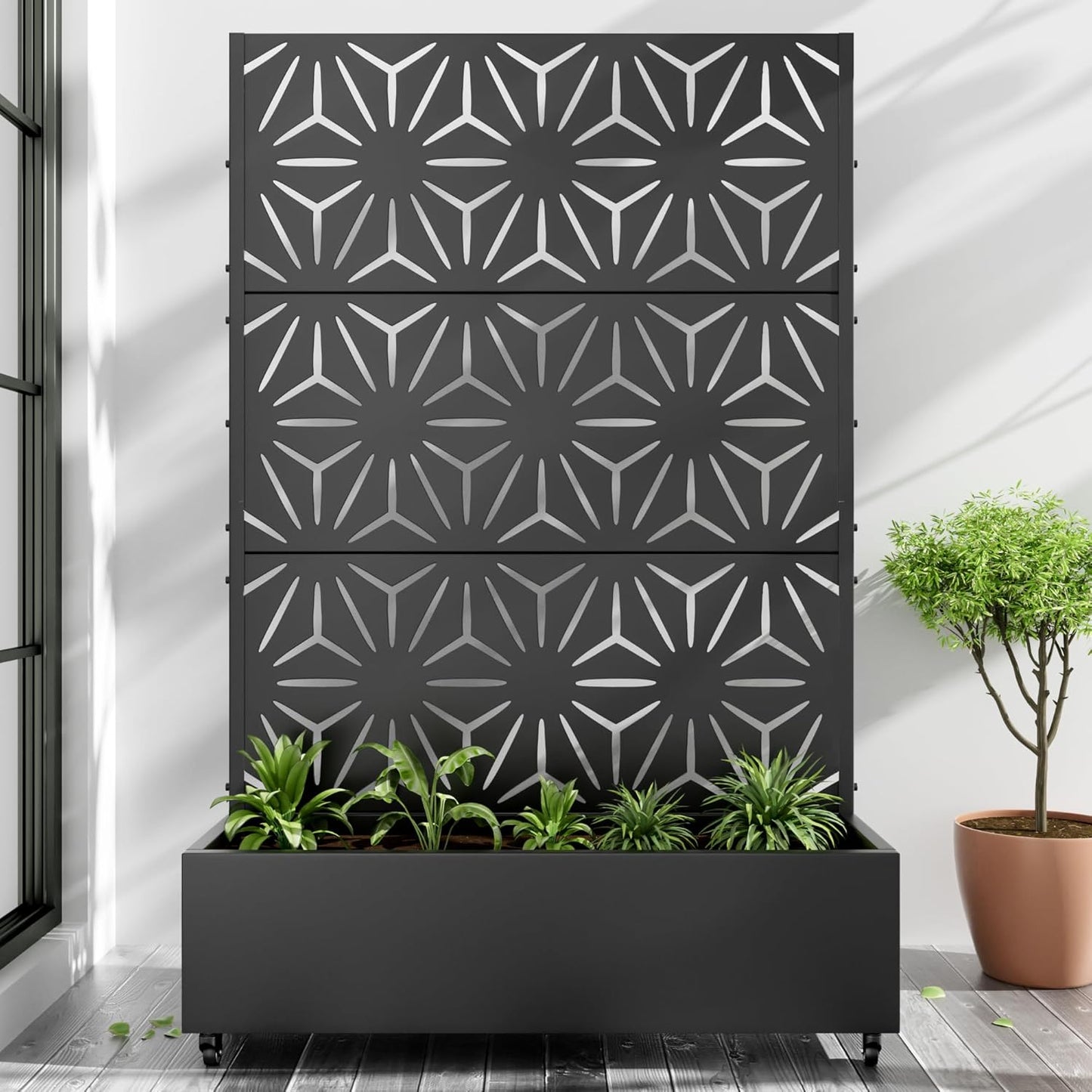 Casaphoria Metal Raised Garden Bed with Trellis and Wheels, 72"x47"x16" Planter Box for Climbing Plants, Vegetables & Vines, Features Drainage Holes and Privacy Screen (Black-Star)