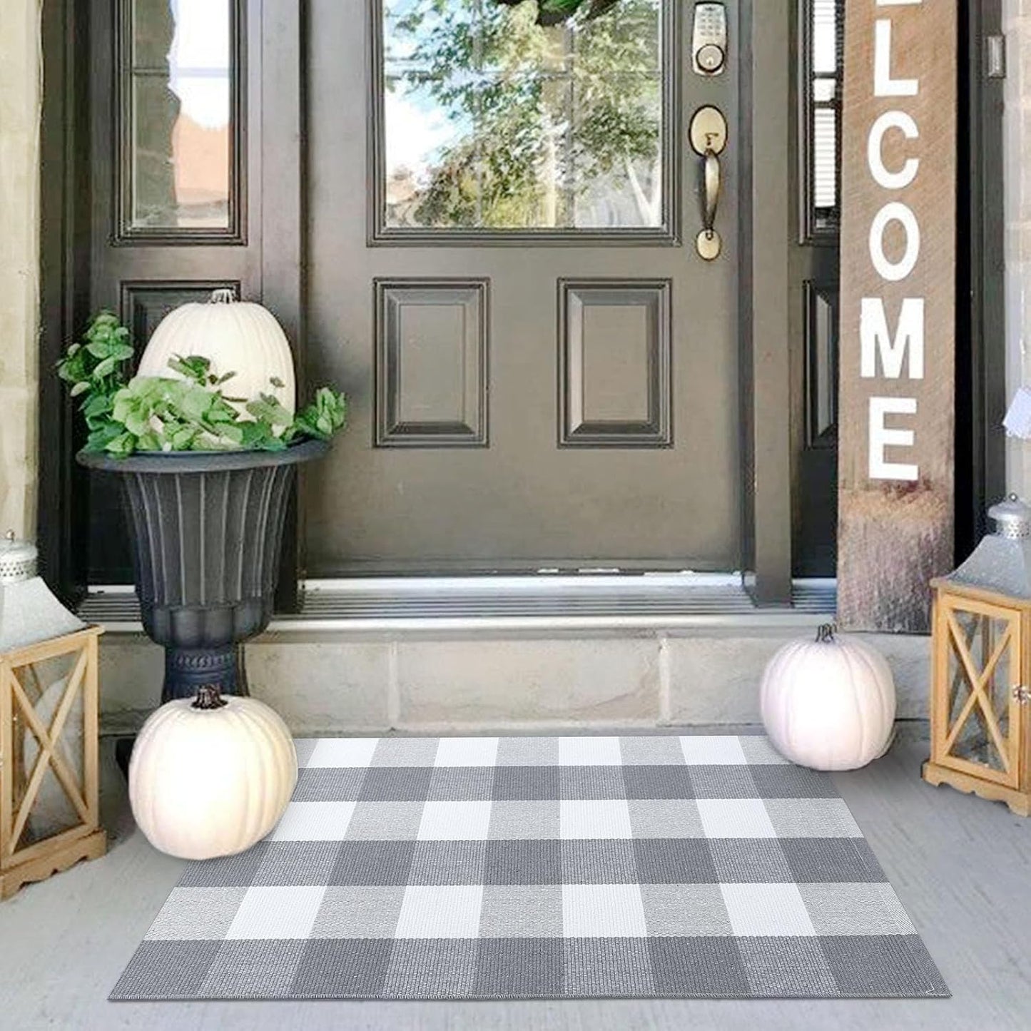 IOHOUZE Buffalo Plaid Checkered Rug 2x3 Ft Front Door Mats, Washable Area Rugs for Front Porch Decor, Spring Summer Welcome Mats Outdoor, Grey White Rug for Farmhouse/Entryway/Home Entrance