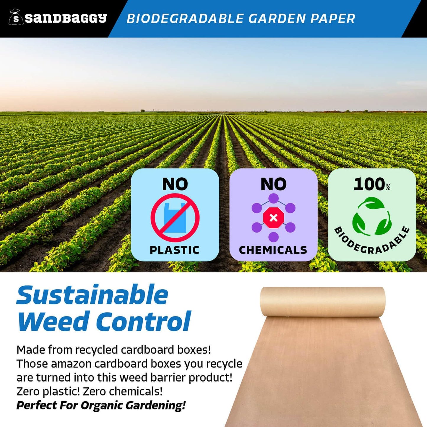 Sandbaggy Biodegradable Landscape Fabric - Garden Paper for Weeds - Paper Mulch Rolls - Made in America (3 ft x 50 ft, 1)