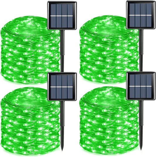YEGUO Green Halloween Lights Outdoor Waterproof，4 Pack Each 33ft 100 LED Solar Fairy Lights, 8 Modes String Light for Outside