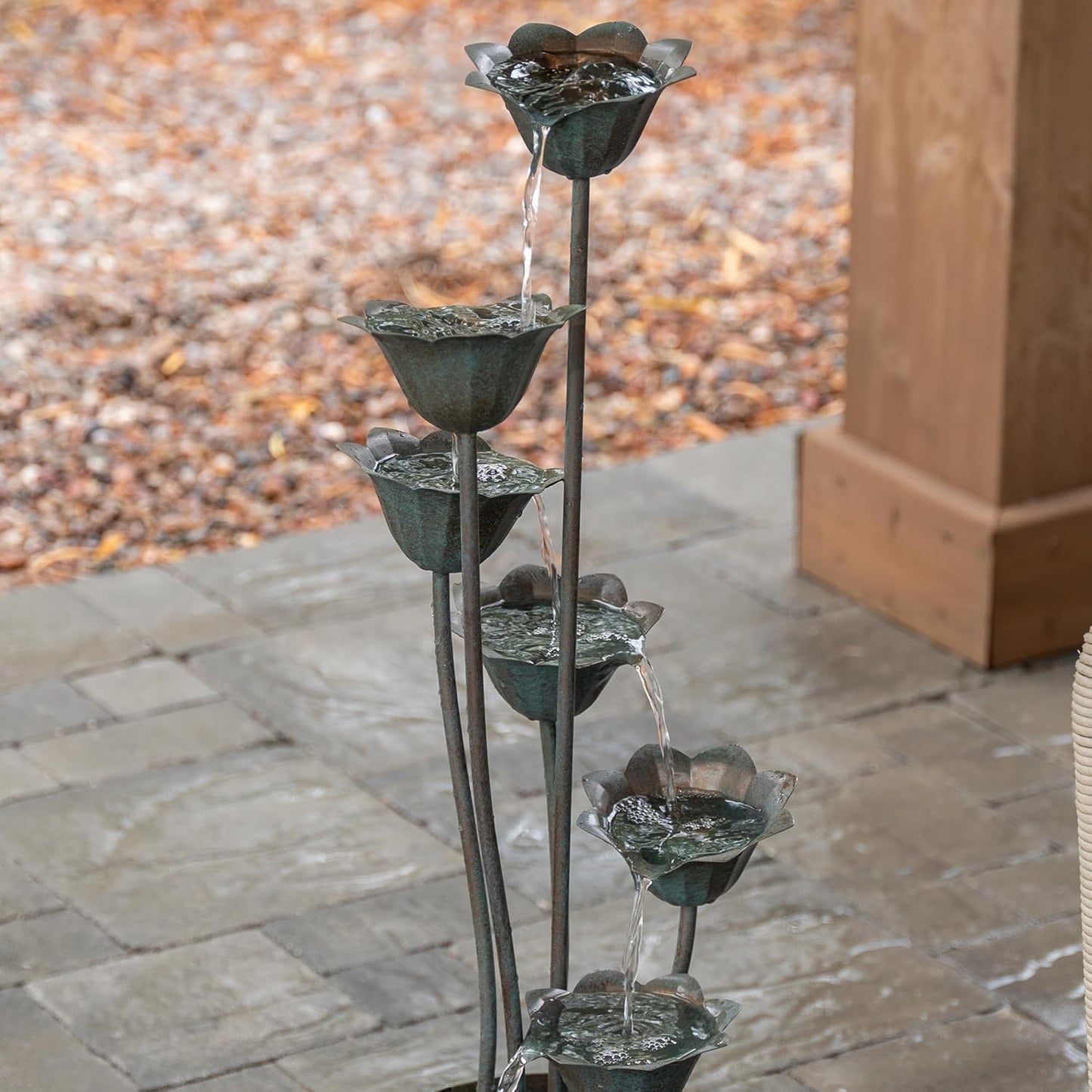 XBrand Sculptural Freestanding Metal Multi-Tiered Water Fountain w/Flowers, No LED Lights, Silver, 35" Tall