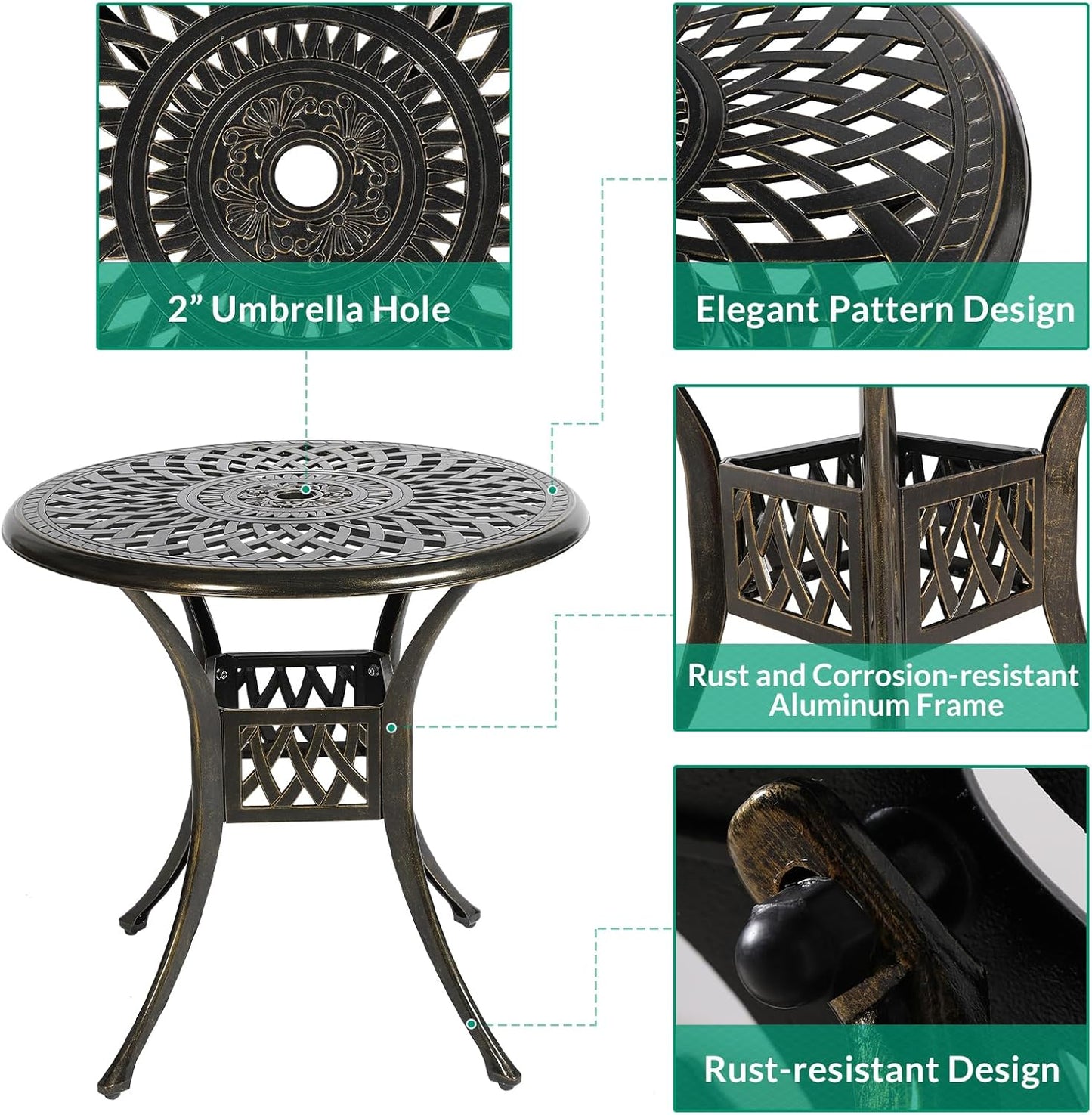 VIVIJASON 3-Piece Patio Bistro Set, Outdoor All-Weather Cast Aluminum Furniture Dining Set, Include 2 Swivel Chairs and 31" Round Table w/Umbrella Hole for Balcony, Lawn, Garden (Ocean Blue Cushion)