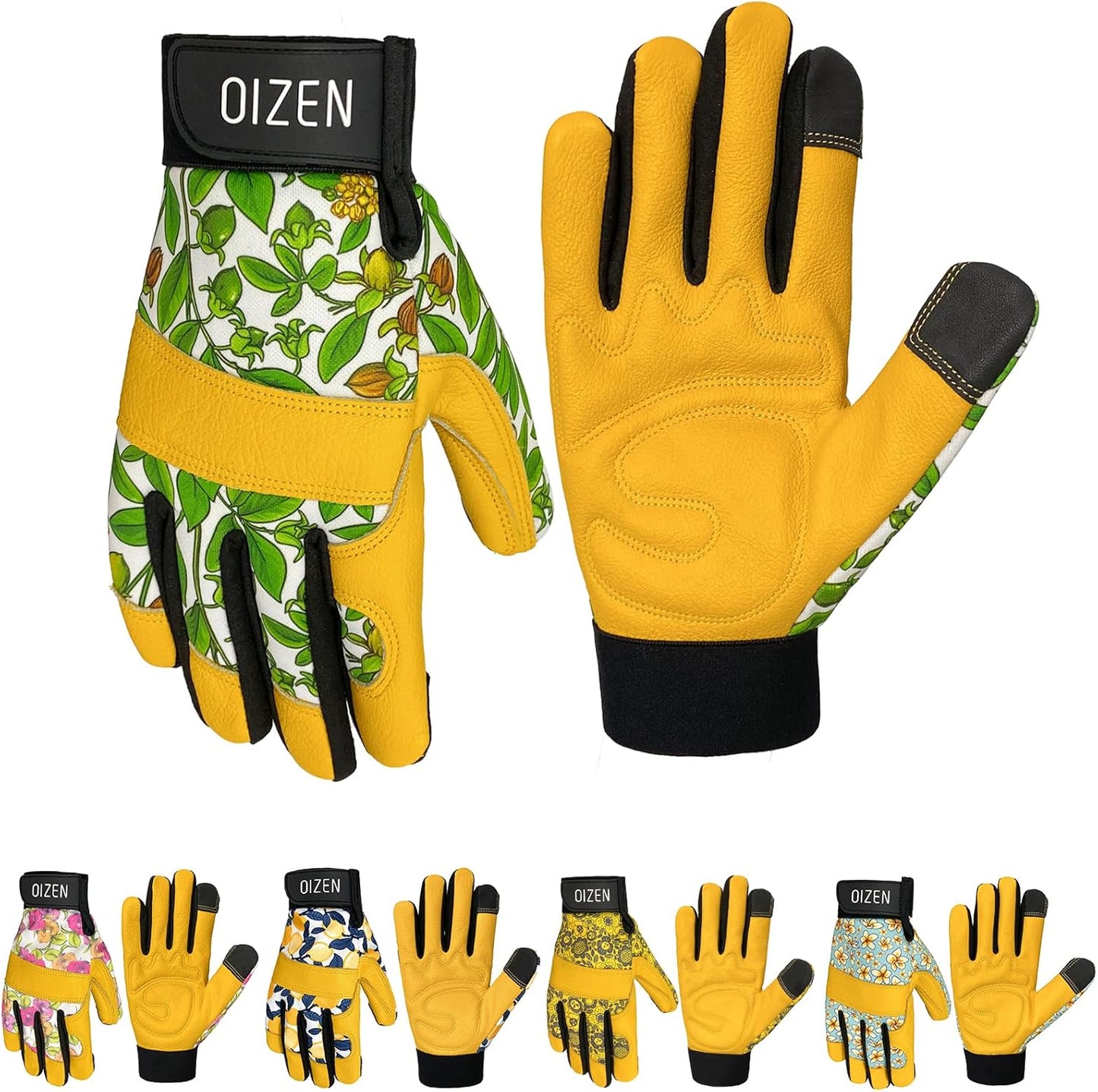 Cowhide Leather Thorn Proof & Puncture Resistant Gardening Gloves for Women, Touchscreen Compatible Working Gloves for Weeding, Digging, Planting, Gardening Gifts for Women (Green bellflowers, Medium)