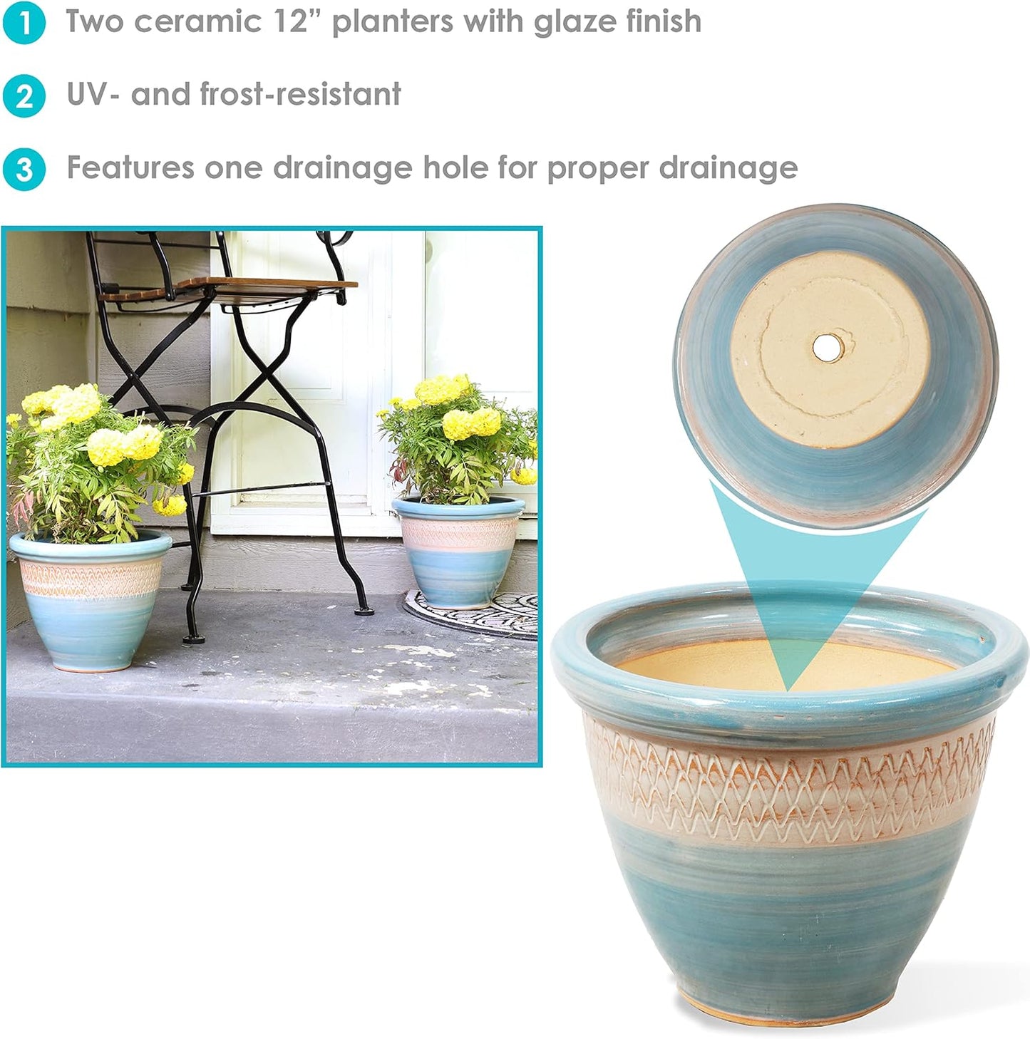 Sunnydaze Purlieu 12-Inch Outdoor/Indoor Ceramic Planters - Set of 2 -Shoreline