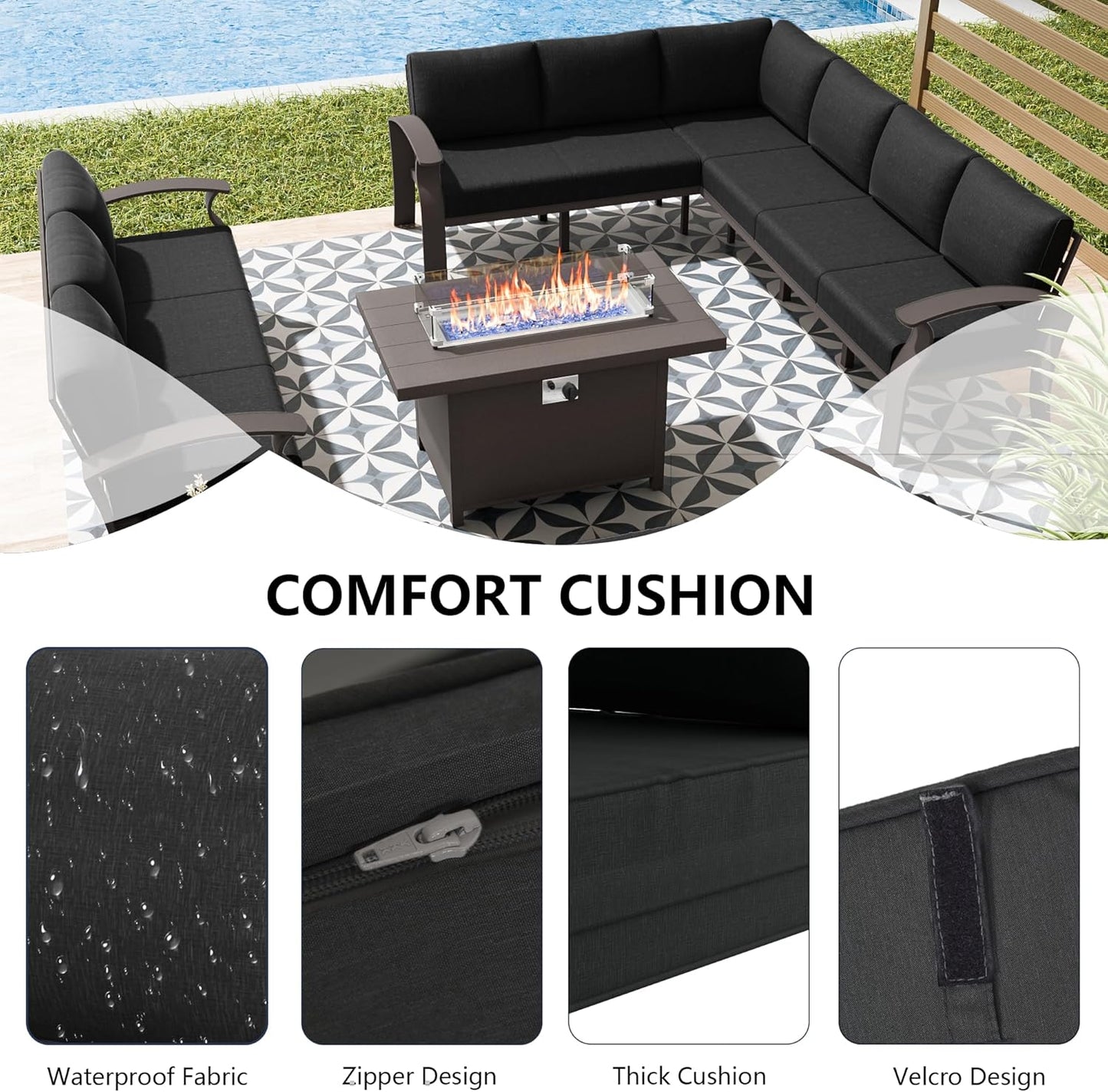 Aluminum Patio Furniture Set with Fire Pit Table, 11 Seats Outdoor Patio Conversation Set with Swivel Chair Modern Metal Patio Sectional Sofa with Coffee Table for Patio, Backyard(Dark Grey).