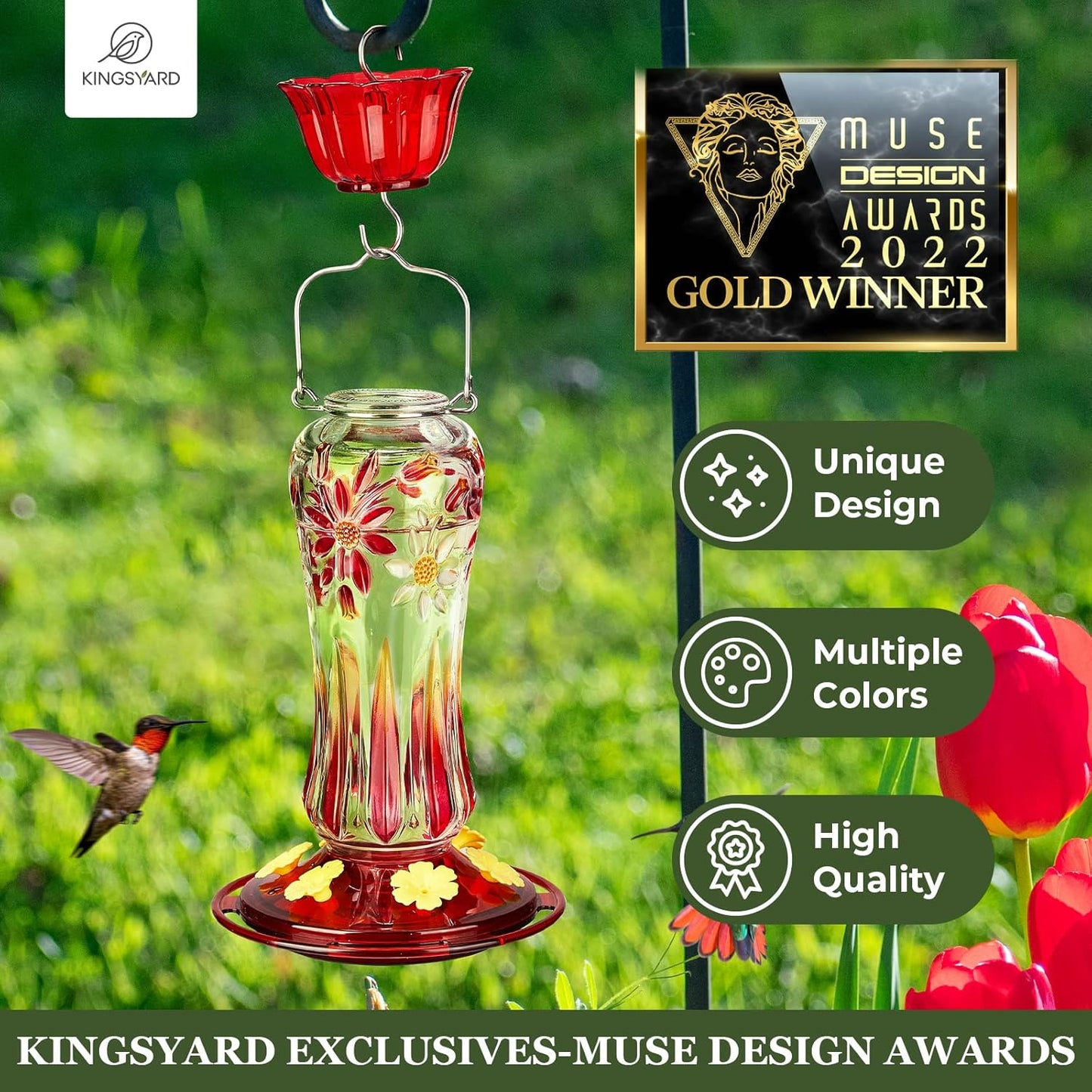 Kingsyard 2 Pack Glass Hummingbird Feeders for Outdoors Hanging, Hummingbird Nectar Feeder with Ant Moat & 6 Feeding Ports, 25 Oz Leak Proof, Red