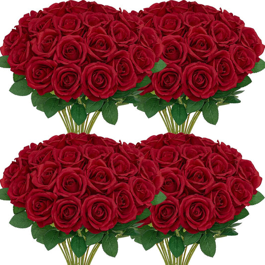 Serwalin 60 PCS Red Artificial Roses Bulk, Realistic Silk Fake Roses for Bridal Bouquet Wedding Centerpieces Table Arrangement Party Home Decor