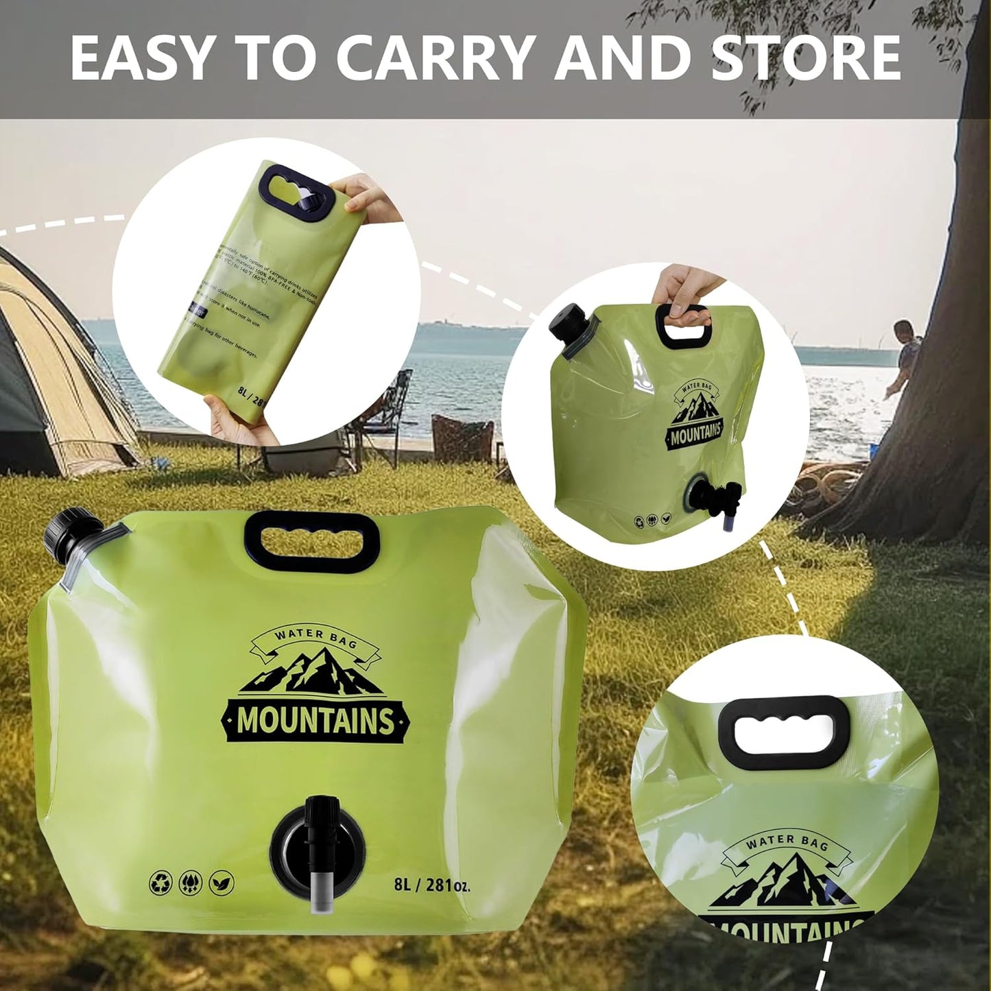 Collapsible 8L Water Storage Bag, BPA-Free Portable Folding Water Jug with Adjustable Faucet, Leakproof Emergency Water Bag for Camping, Hiking, Riding, Outdoor Sport (GREEN, 1)