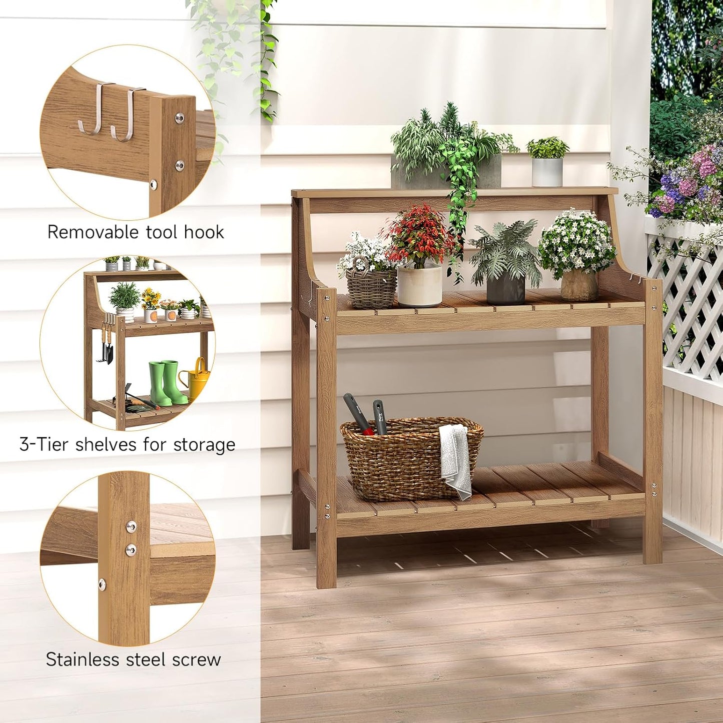 Potting Bench Table, HDPS Potting Bench with 4 Side Hooks, All-Weather Garden Table Work Station, Outdoor Potting Table for Porch, No Rust, No Fade, No Break, 360lbs Capacity (Teak, Large)