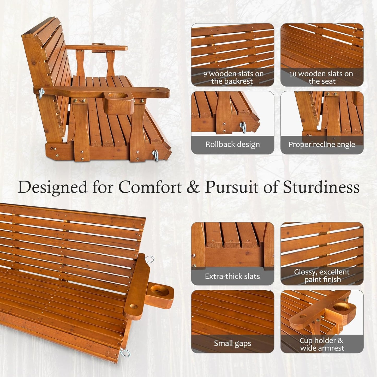 Wooden Porch Swing 3-Seater, High Backrest and Deep Seat, Bench Swing with Cupholders, Hanging Chains and 7mm Springs, Heavy Duty 880 LBS, for Outdoor Patio Garden (Cedar Tone, 5 FT Extra Large)