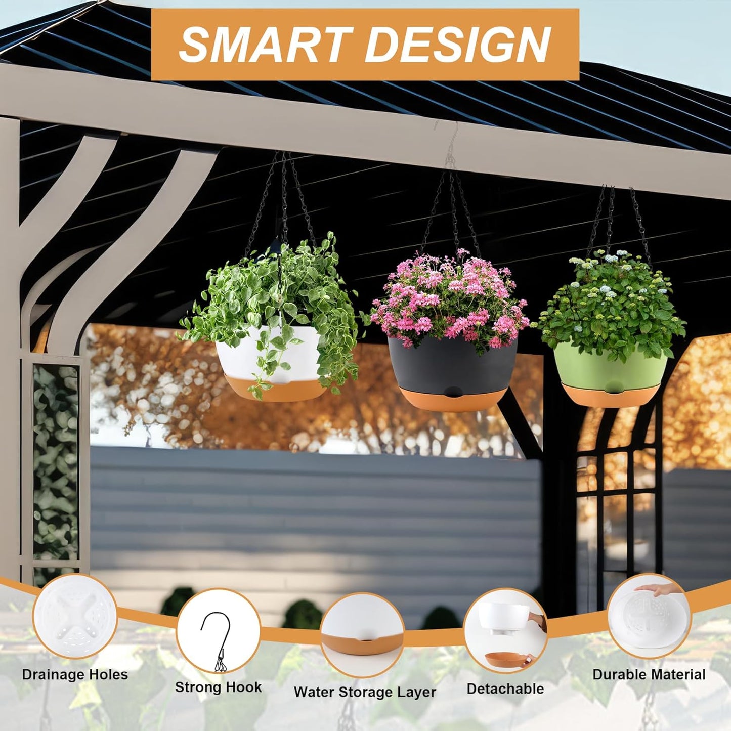 4 Pack Hanging Planter for Plants Indoor,8 Inch Plant Pot Outdoor Plastic Hanging Baskets with Drainage Holes and Chain for Garden Porch Plants(White+Black+Green+Beige)