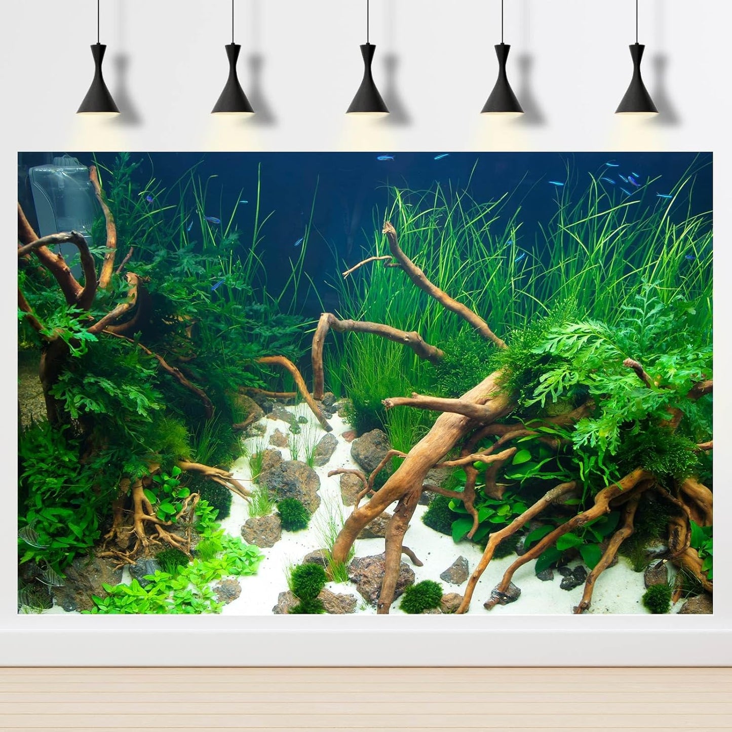 Aquarium Background Various Underwater Grass Plants Aquarium Backdrop Vivid and Fresh Green Aquatic Plants Stone River Bed and Dead Wood Yellow Stone Fish Tank Background 36x18in