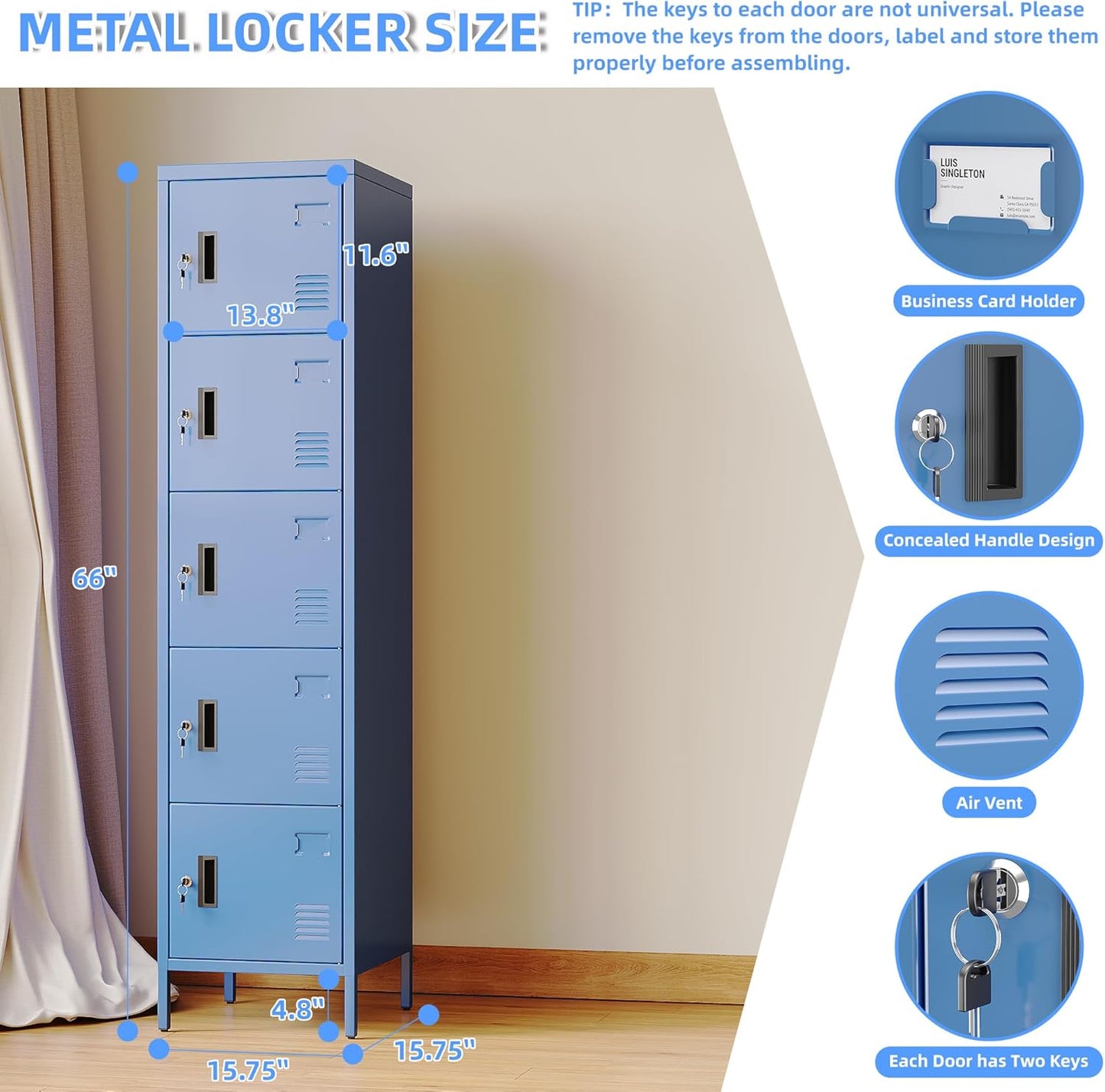 METAN Metal Storage Employees Locker with 5 Lockable Doors,Locking Storage Cabinets for Small Spaces,Home,School,Gym,Assembly Required,Blue