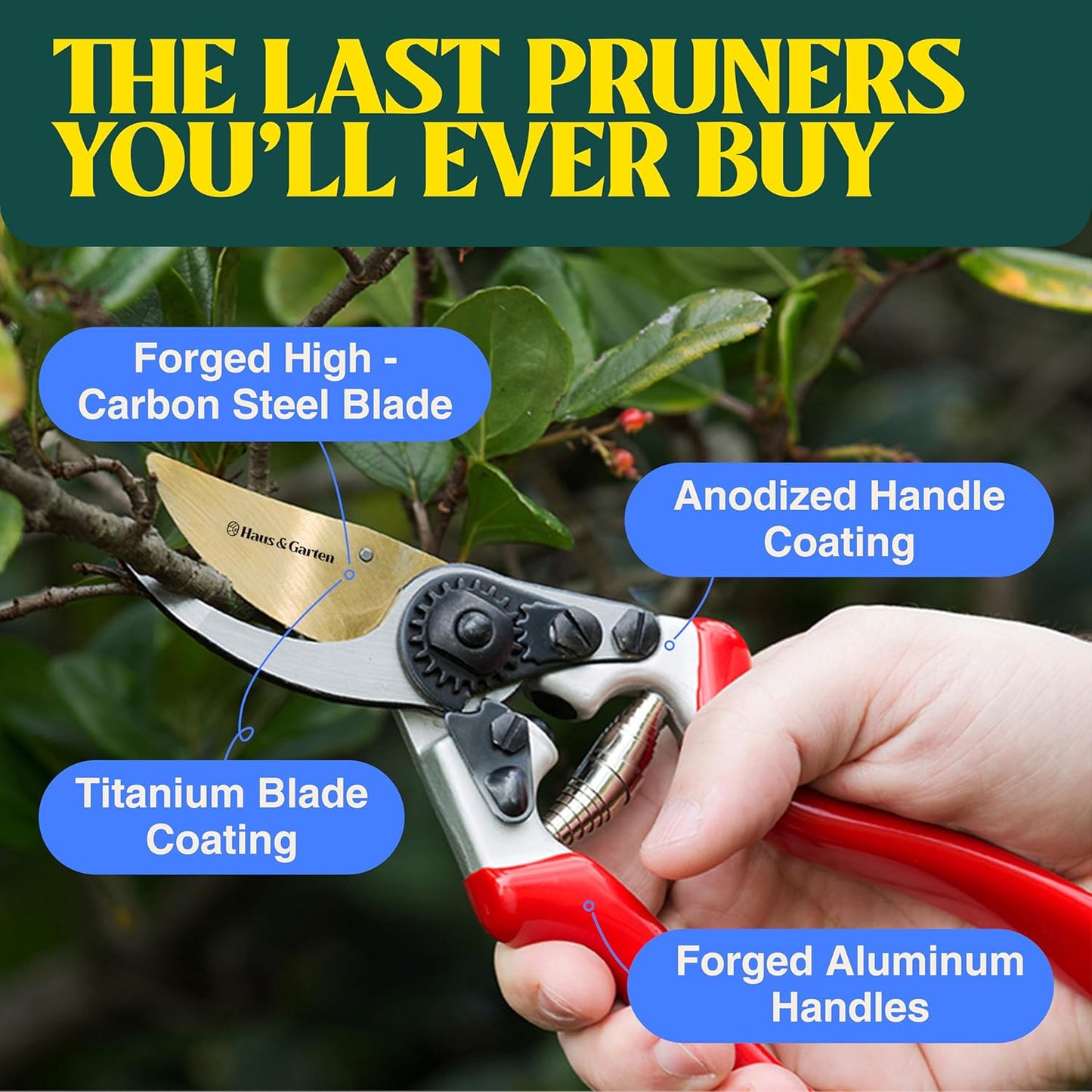 Haus & Garten EnduroPRO Ergonomic Bypass Pruners - Professional Titanium Garden Shears - Heavy Duty Hand Pruning Scissor, Tree Trimmer, Gardening Tool, Branch, Hedge, Rose, Shrub & Bush Clippers