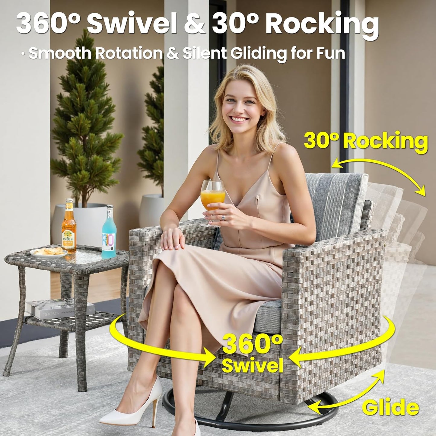 ovios 9 Pieces Patio Furniture Set, Outdoor Wicker Sectional Sofa with 42" Fire Pit Table Swivel Chair, Modern Modular Deep Seat Rattan Couch Conversation Sets, Dark Gray Stripe