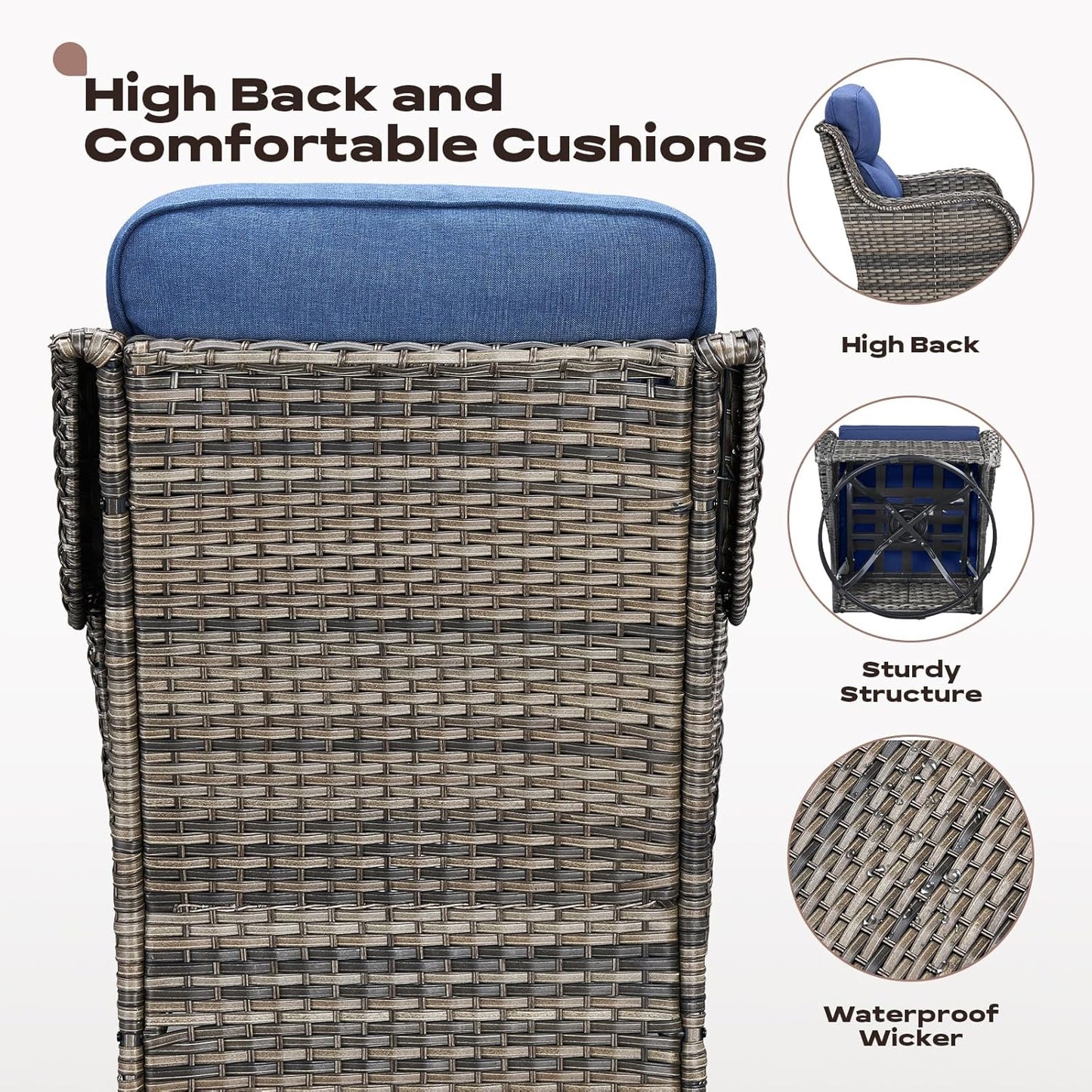 Outdoor Patio Swivel Rocker Chairs Set of 2, Waterproof Wicker, High Back, Deep Seating, Wide Armrest, Upgraded 6 inch Thick Cushions, Ideal for Deck Porch Backyard, Mixed Grey/Blue