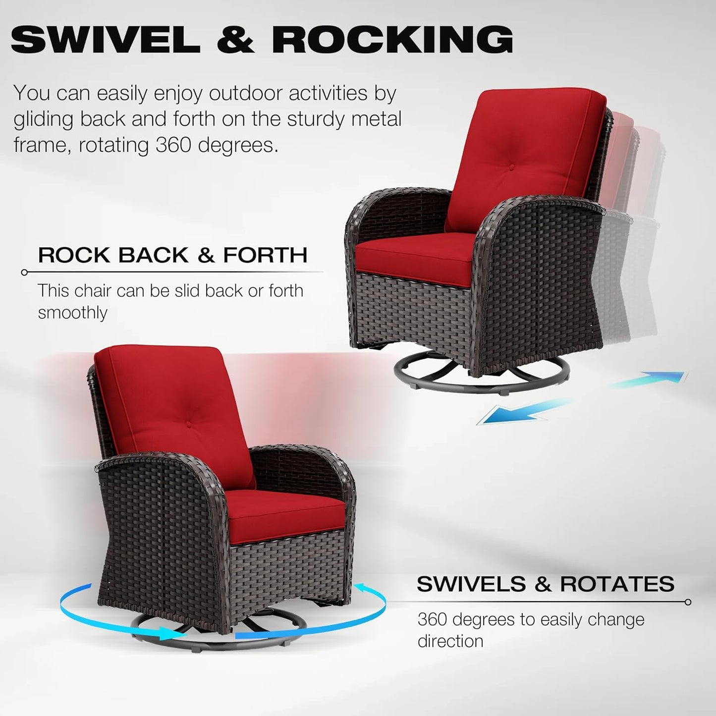 Joyside 5 Piece Patio Furniture Set, Outdoor Swivel Chair Sets with Thick Cushion and Ottoman, Wicker Patio Conversation Set for Porch, Deck Use (Brown/Red, 5 PCS)