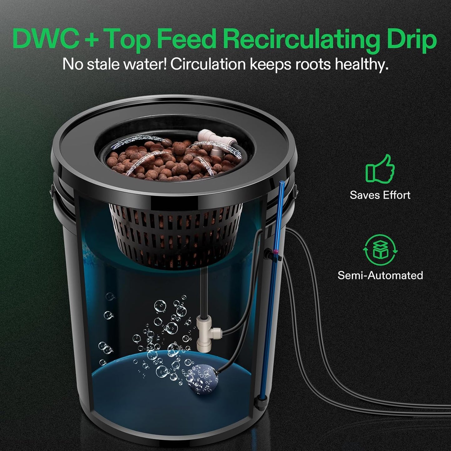 VIVOSUN DWC Hydroponics Grow System with Top Drip Kit, 5-Gallon Deep Water Culture, Recirculating Drip Garden System with Multi-Purpose Air Hose, Air Pump, and Air Stone (2 Buckets + Top Drip Kit)