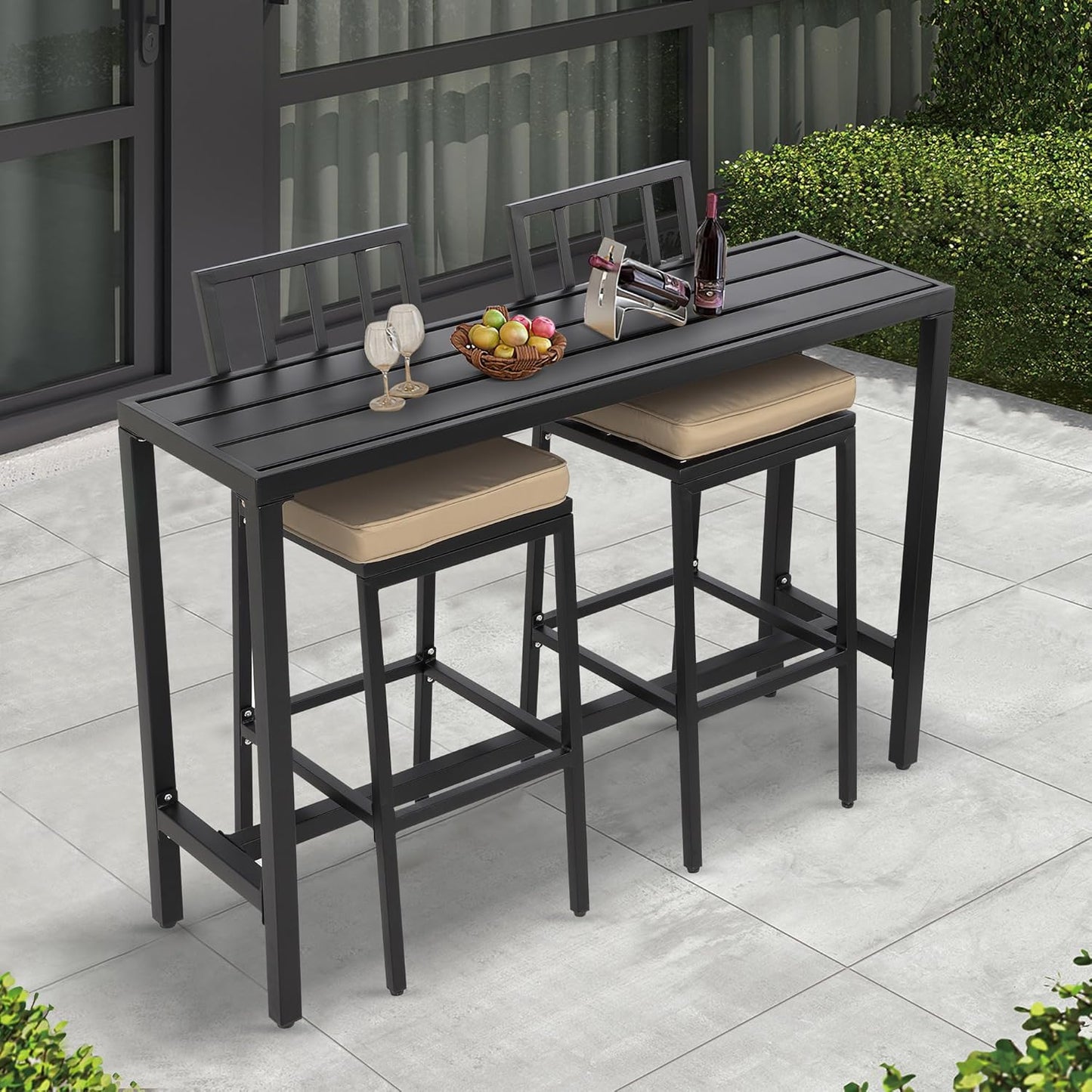 Outdoor Patio Bar Set, Bar Height Patio Dining Set, Weather-Resistant Bistro Counter Pub Set with Cushions & Slatted Tabletop for Backyard, Garden, Yard (47" Table, 2 "I Style Stool, Black)