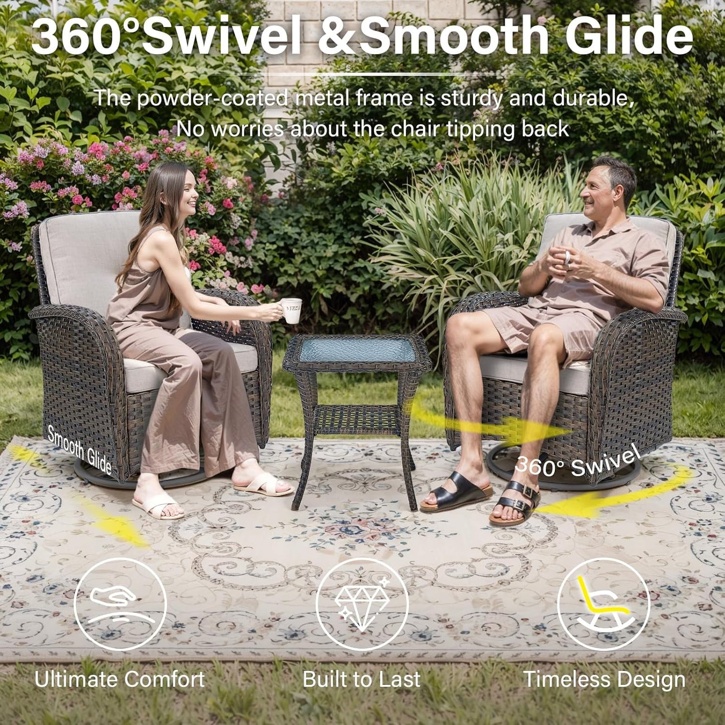Outdoor Furniture Set - 6 Pieces Patio Conversation Sectional Sofa Set with Swivel Rocker Outdoor Chairs Set of 2 and Wicker Coffee Table for Deck Backyard Sunroom Brown