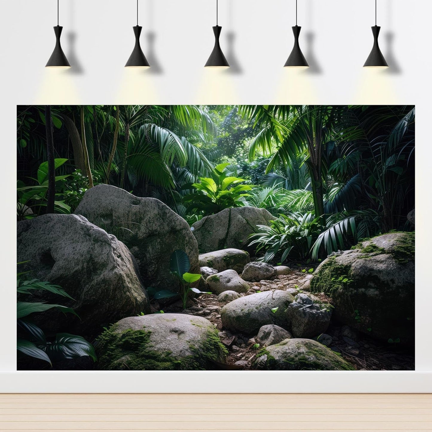 Reptile Habitat Backdrop Lush Tropical Plants and Rocks Terrarium Backdrop Dense Vegetation with Large Broad Leaves and Ferns Fish Tank Background Aquarium Wallpaper Poster Decor Vinyl 24x12in