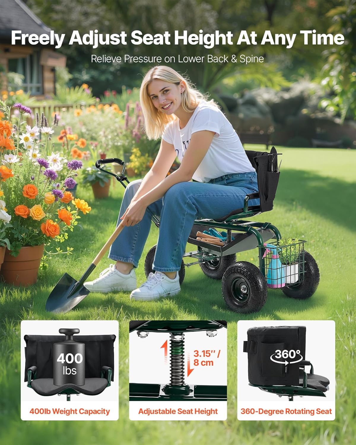 VEVOR Rolling Garden Seat with Wheels, Gardening Stool with Height Adjustable & 360°Swivel Seat, Ergonomic Backrest & Tool Storage, 400lbs Weight Capacity, Garden Scooter Wagon Cart for Yard, Patio