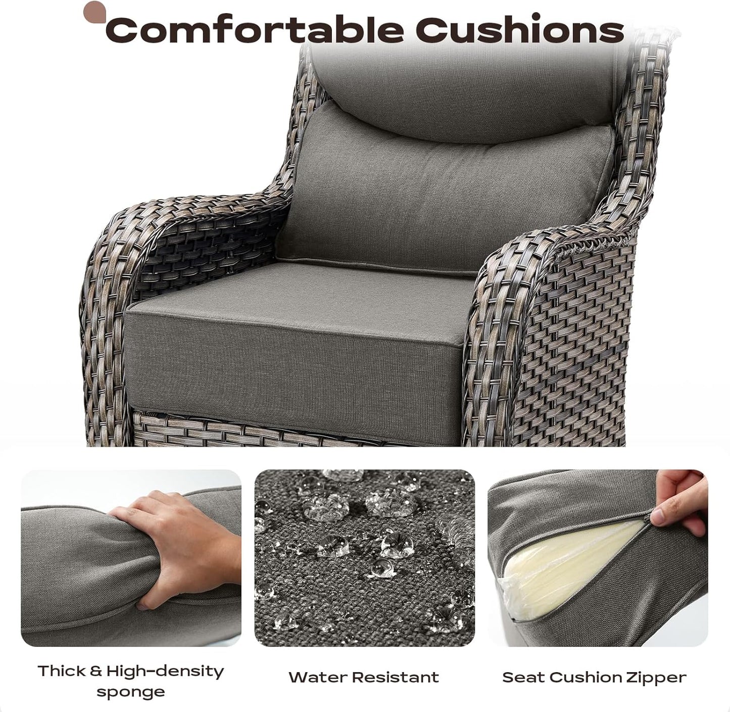 Outdoor Patio Swivel Rocker Chairs Set of 2, Waterproof Wicker, High Back, Deep Seating, Wide Armrest, Upgraded 6 inch Thick Cushions, Ideal for Deck Porch Backyard, Mixed Grey-Grey