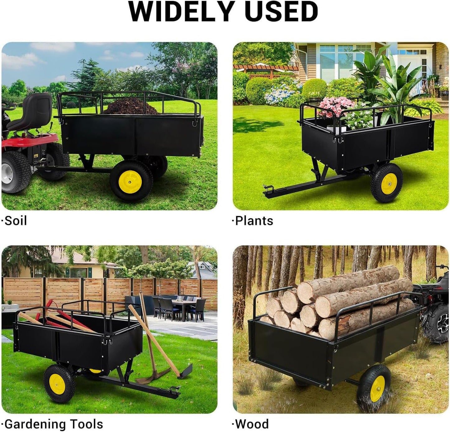 750 Lbs Capacity ATV/UTV Dump Trailer – 15 Cu. Ft. Heavy-Duty Steel Utility Cart with Removable Sides, Universal Hitch, Hand/Foot Lever Dump, for Lawn Tractor & Riding Mower