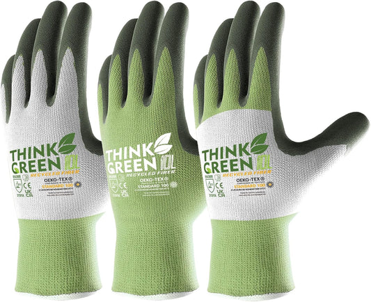 COOLJOB 3 Pairs Gardening Gloves for Women Men, 100% Recycled Polyester with Rubber Coated for Garden Patio Yard Lawn Work, Green, White & Grey, Small Size