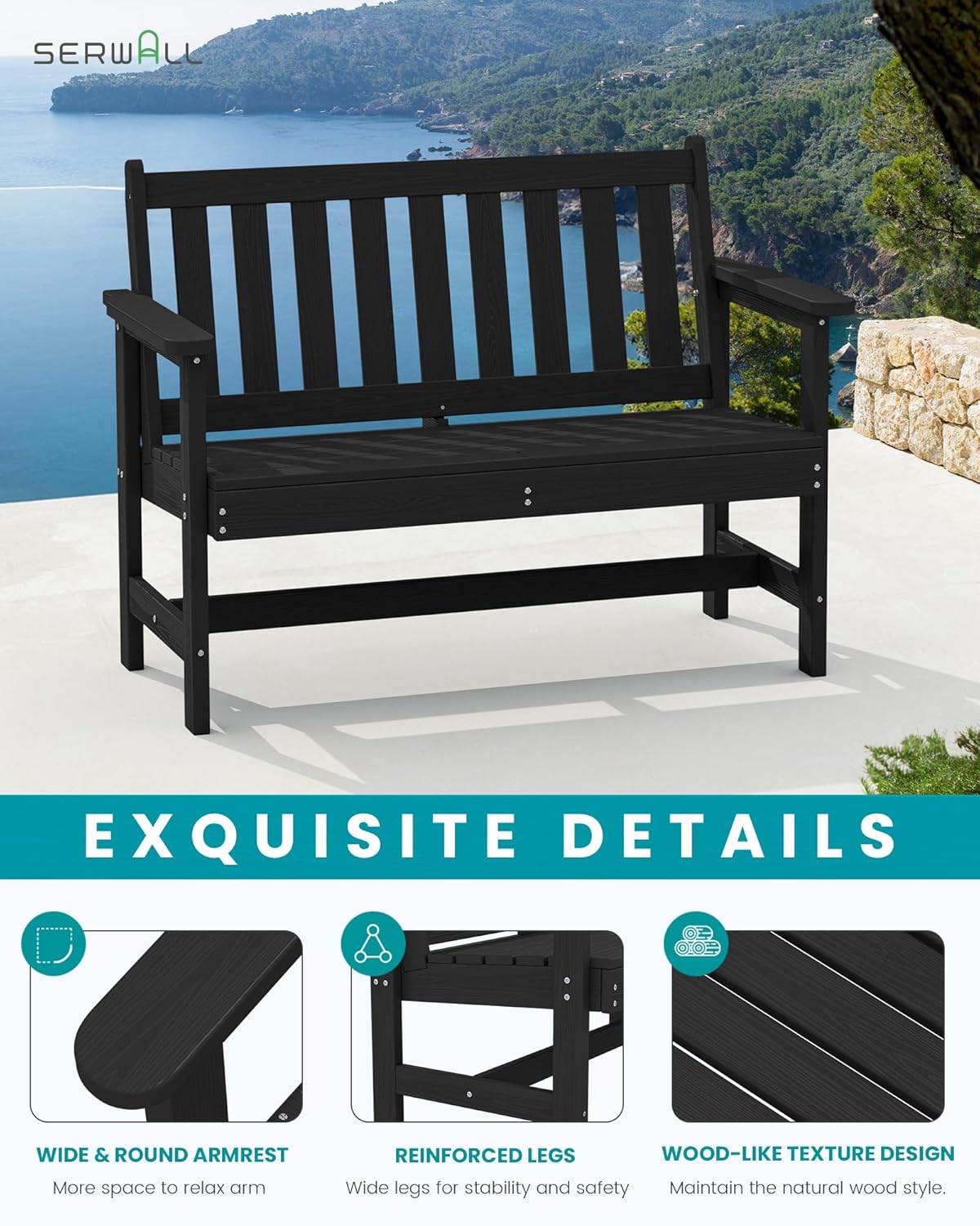 SERWALL Outdoor Bench, HDPE Outdoor Benches Weatherproof, 2-Person Garden Bench with 660 lbs Weight Capacity, Patio Benches for Outdoors, Garden, Porch, Backyard and Park, Black, 4 Pack