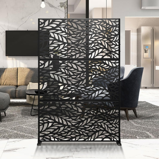 Metal Privacy Screen Outdoor 72" H×47" W,Freestanding Decorative Privacy Screen for Balcony Yard&Garden,Privacy Fence-Black&Leaves