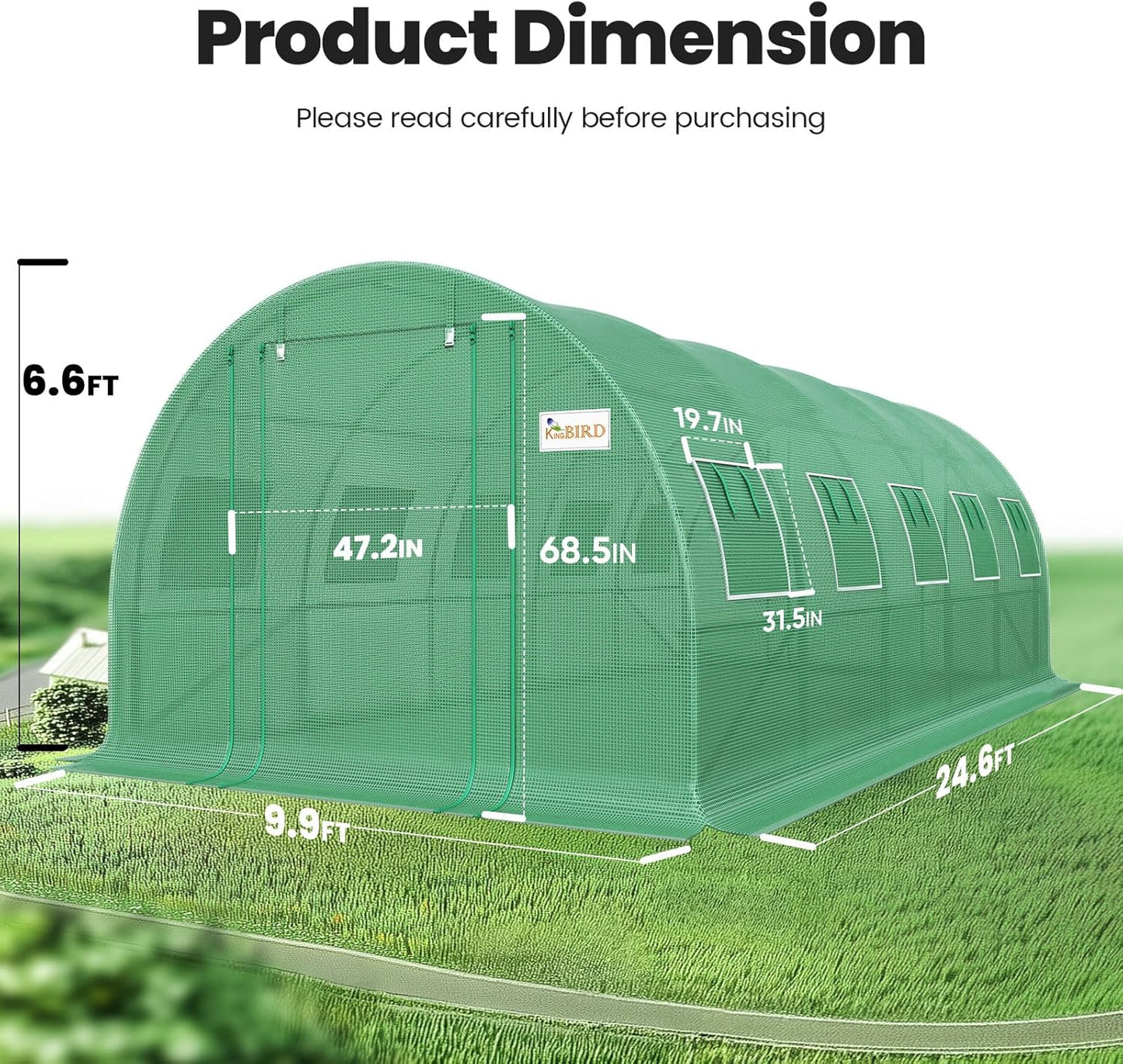 KING BIRD Premium 25x10x6.6FT Greenhouse for Outdoors, Large Walk-in Heavy Duty Galvanized Steel Frame, Mesh Door Screen Window Upgraded Zipper Tunnel Hoop for Garden Plant Winter, Green