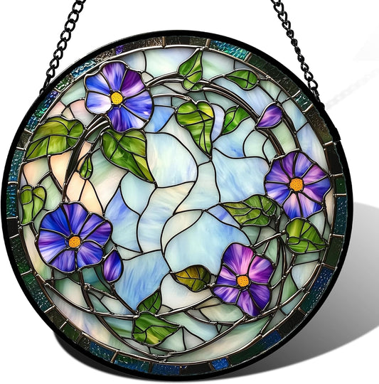 Stained Glass Window Hanging, Purple Morning Glory Flowers Suncatcher for Doors Window Home Plant Sun Catchers Decoration Mother's Day Birthday Gifts for Women, Men, and Mom 11.8x11.8 in