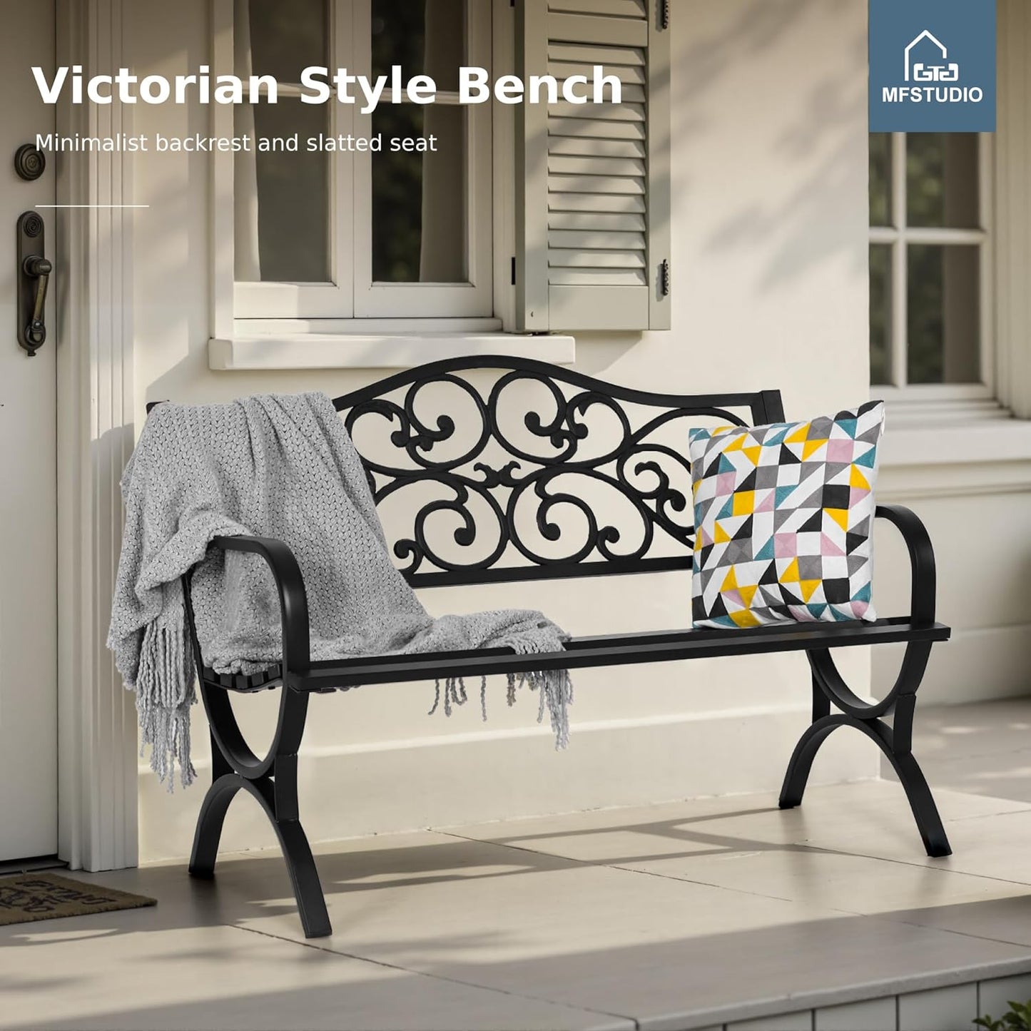 MFSTUDIO 50 Inches Outdoor Garden Bench, Cast Iron Metal Frame Patio Park Bench with Floral Pattern Backrest, Arch Legs for Porch Lawn Garden Yard(Black)